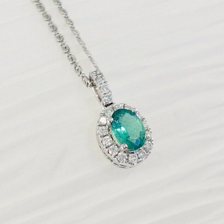 Solid 14k White Gold Genuine Colombian Emerald & Diamond Oval Pendant, New