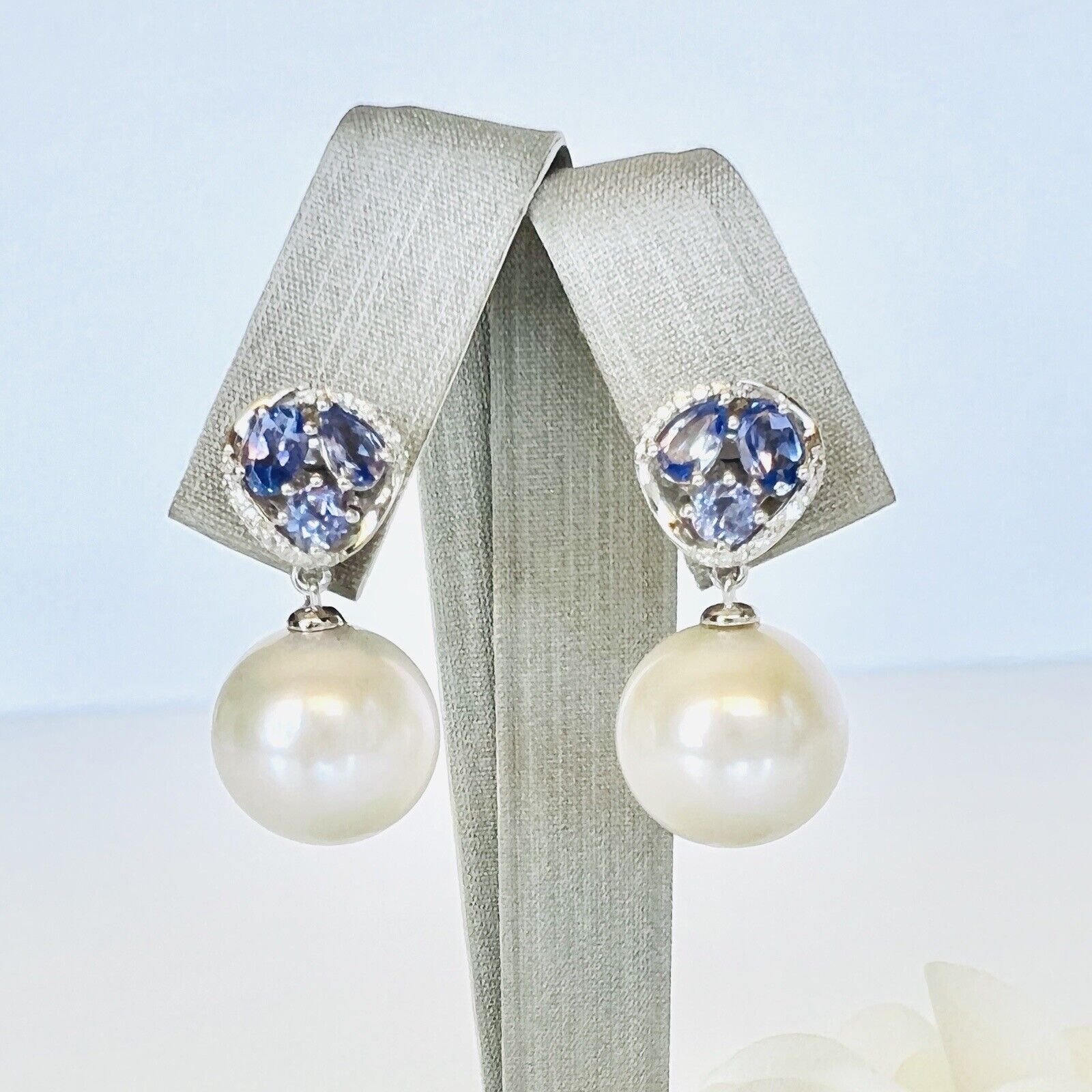 Genuine Tanzanite, Diamond & Pearl Solid 14k White Gold Dangle/Drop Earrings New