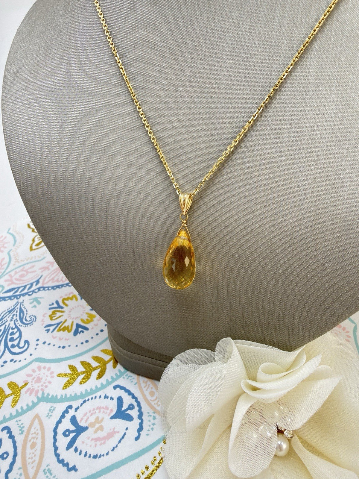 14k Yellow Gold Genuine Citrine Drop Pendant, 1" New