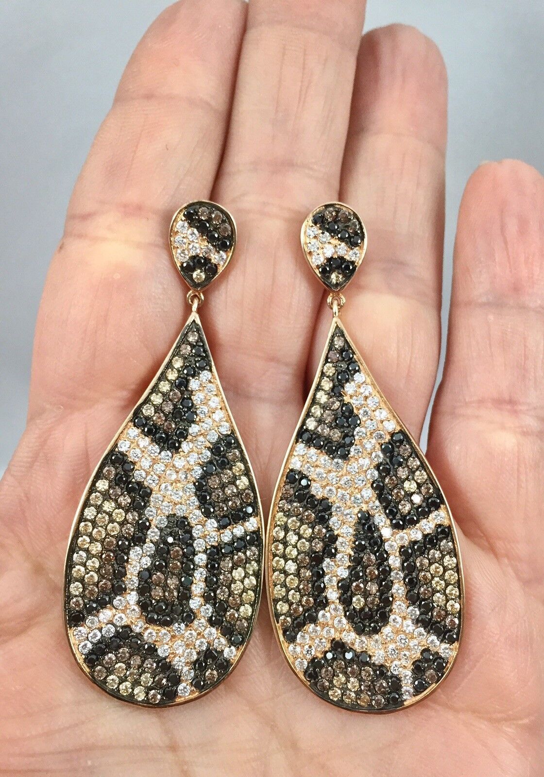 Fabulous Sterling Silver 14kt Rose Gold Overlay Leopard Print Pave Cz Earrings