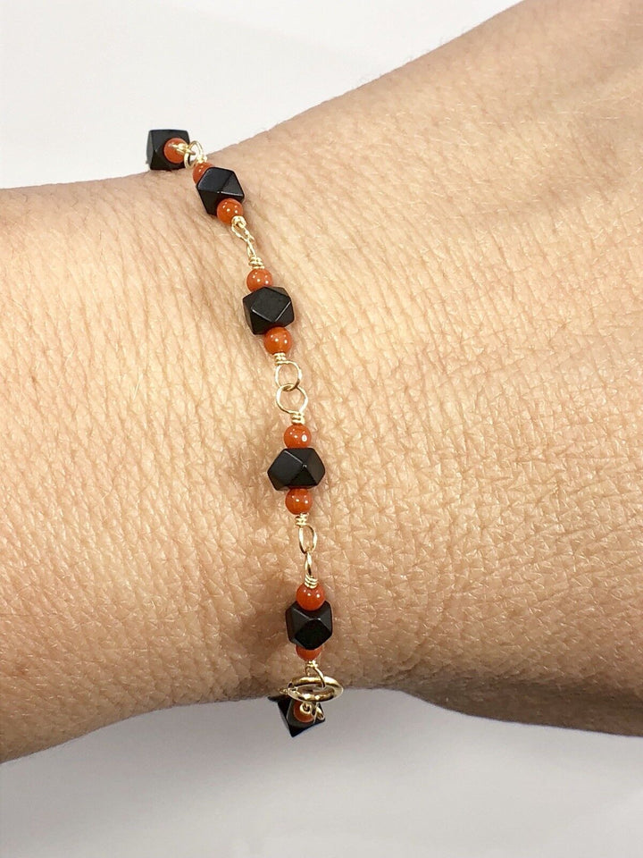 Genuine Azabache & Coral Solid 14K Gold Bracelet, 7.25" Oro 14k Pulsera