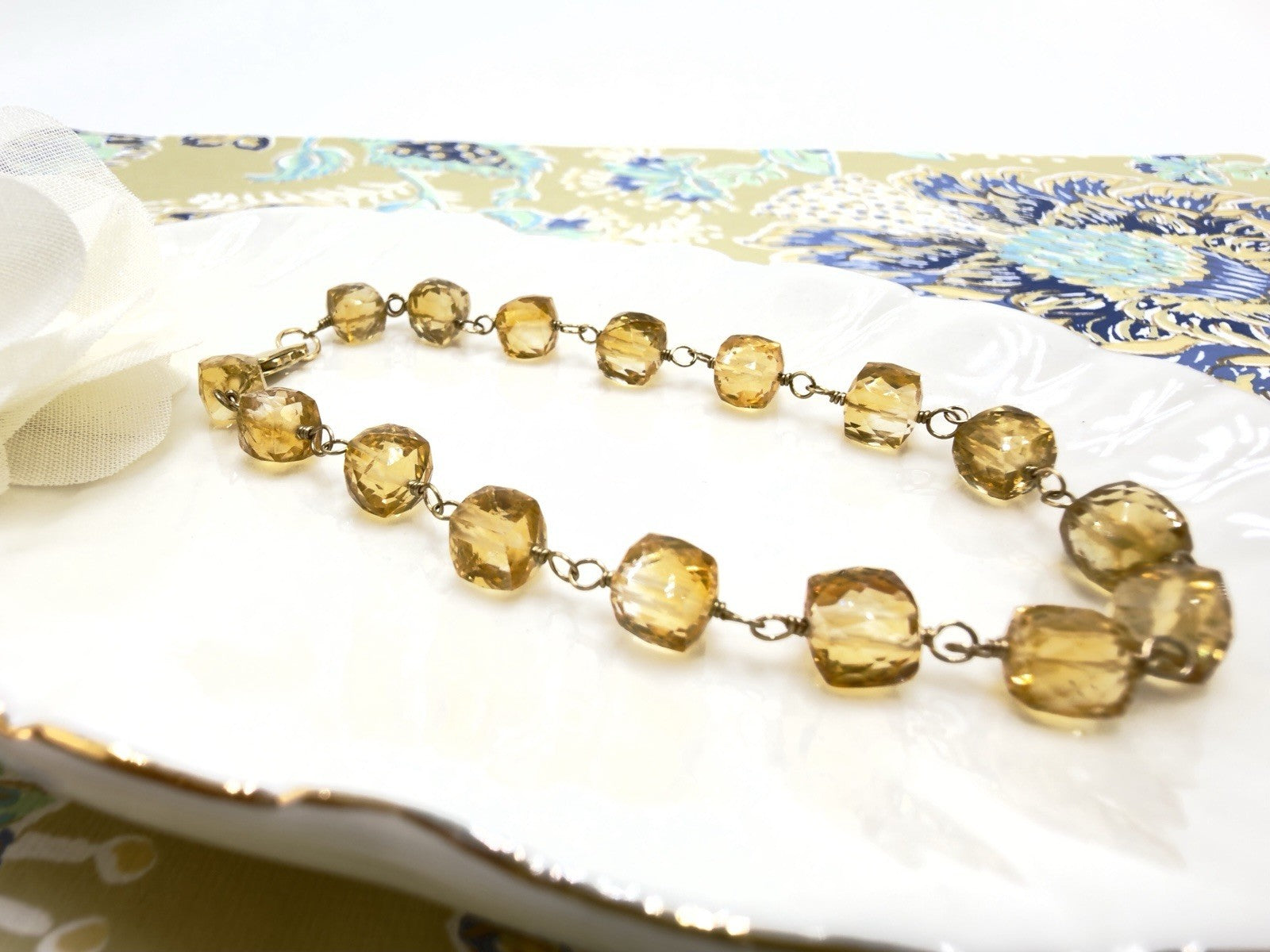 14k Yellow Gold Genuine Citrine Cube Handcrafted Bracelet, 8.25"
