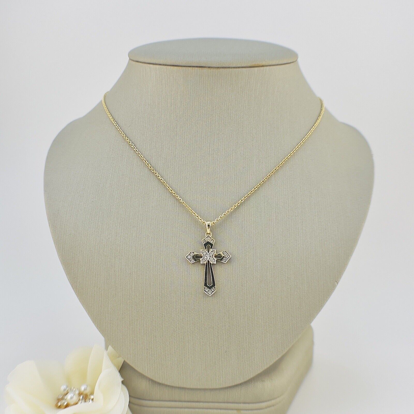 Solid 10K Yellow Gold Genuine Diamond Cross Pendant, New 1.3”