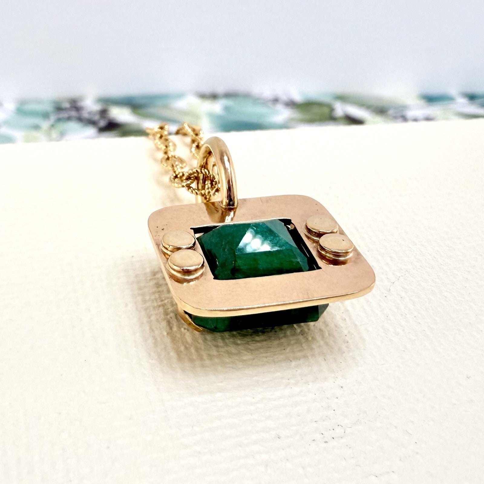 14k Yellow Gold Genuine Emerald Modernist Unisex Pendant, Newly Handcrafted 7ct