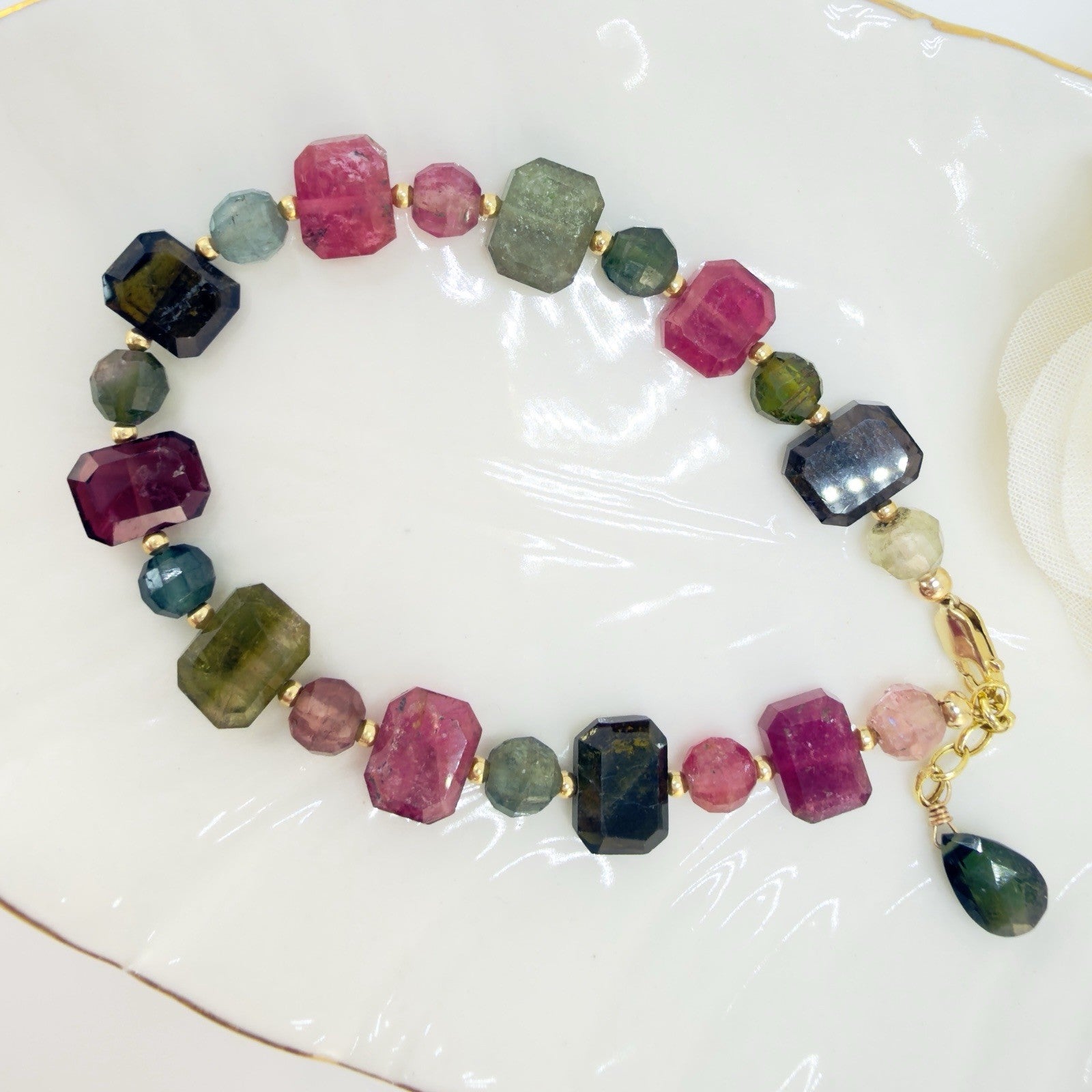 14k Yellow Gold Genuine Multi-Color Tourmaline Bracelet, 6.5-7"
