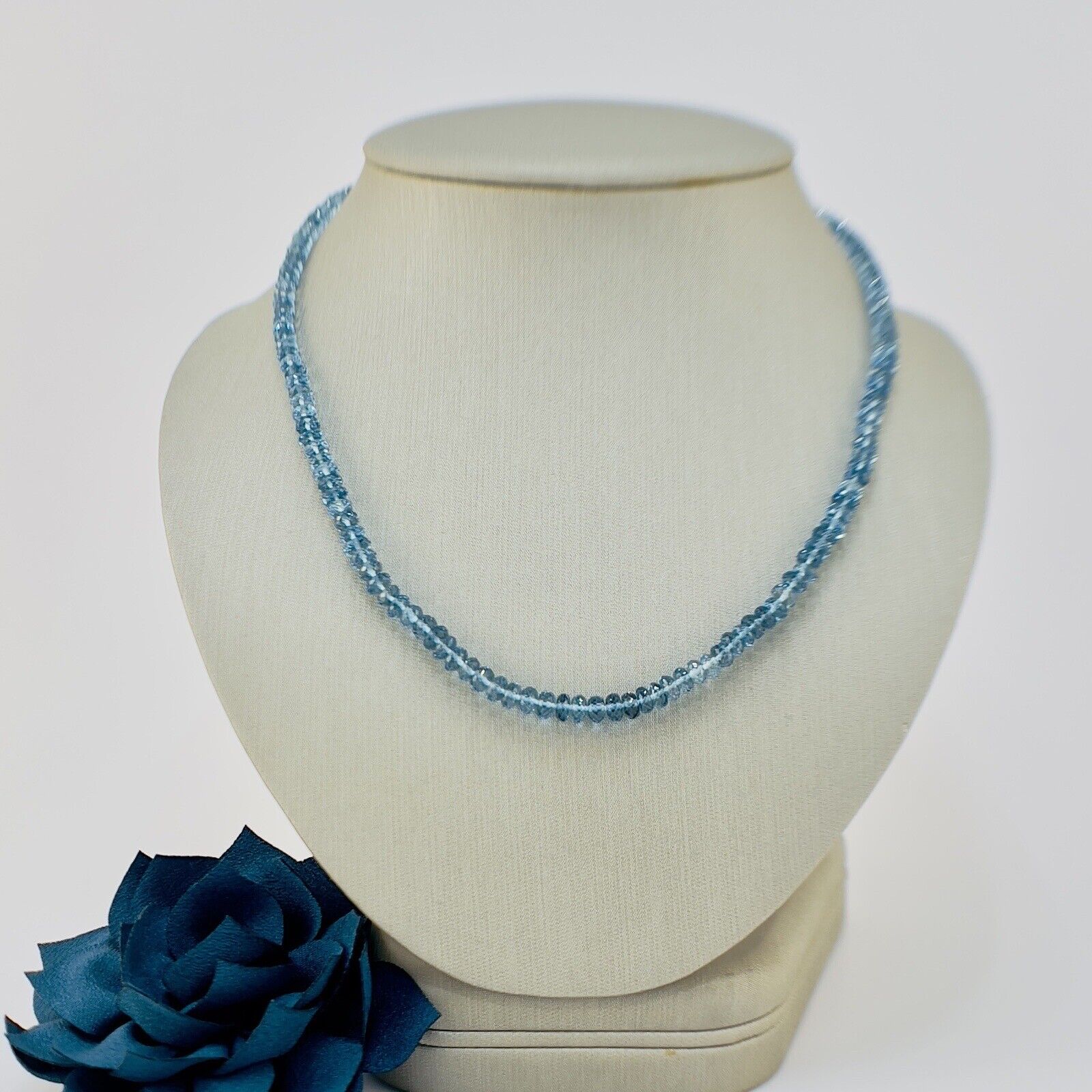 Solid 14k White Gold Genuine London Blue Topaz Necklace, New 17.25”