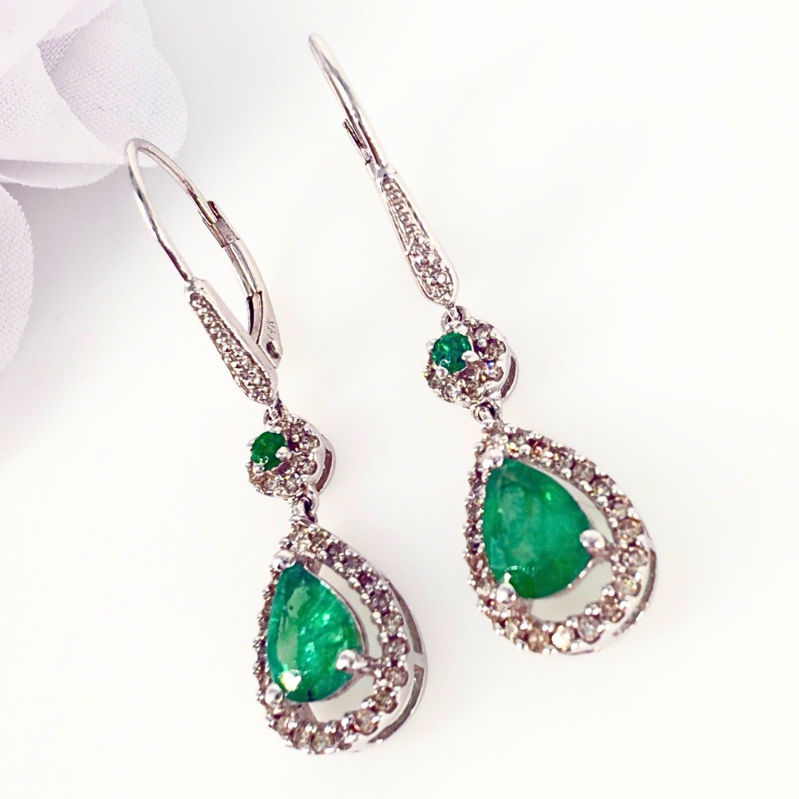 14k White Gold Genuine Emerald & Diamond Leverback Dangle Earrings, Preowned