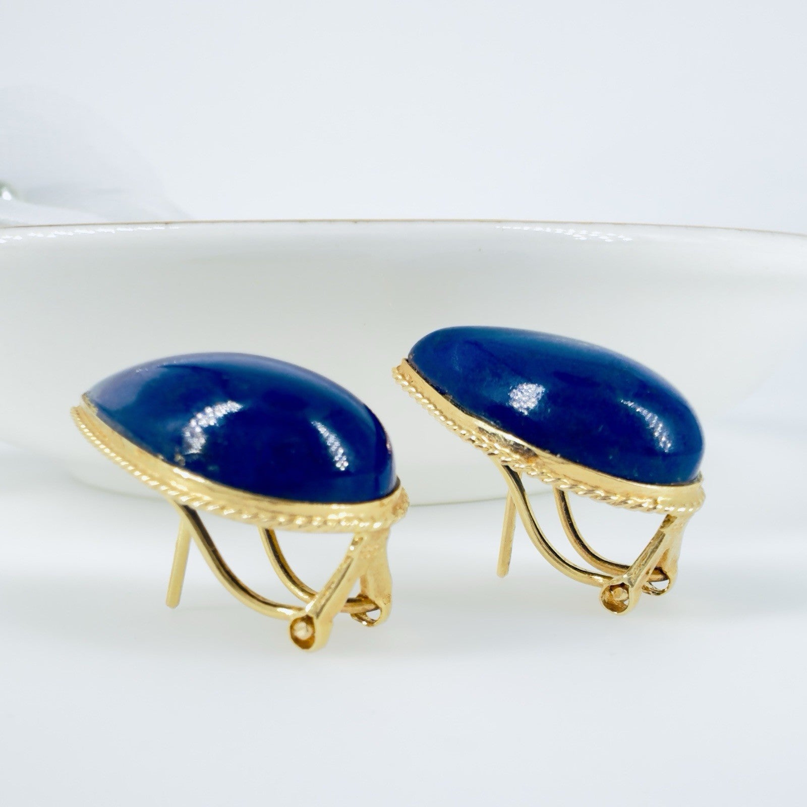 14k Yellow Gold Dark Blue Lapis Lazuli Omega Back Earrings, Preowned