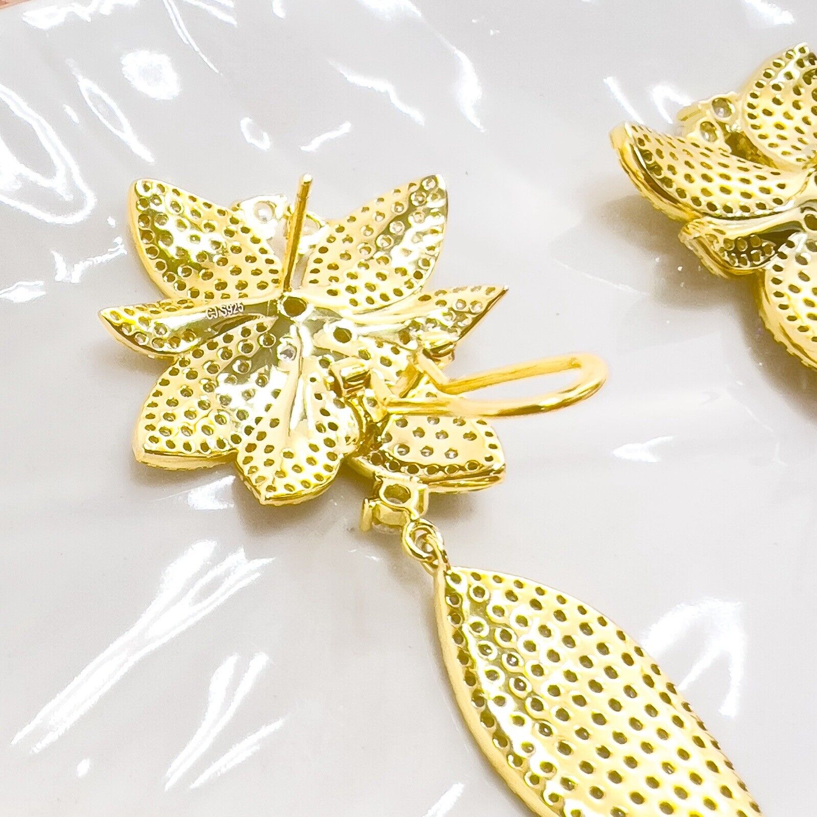 Sterling Silver Vermeil  Flower Cubic Zirconia Dangle/Drop Earrings, New 2.2"