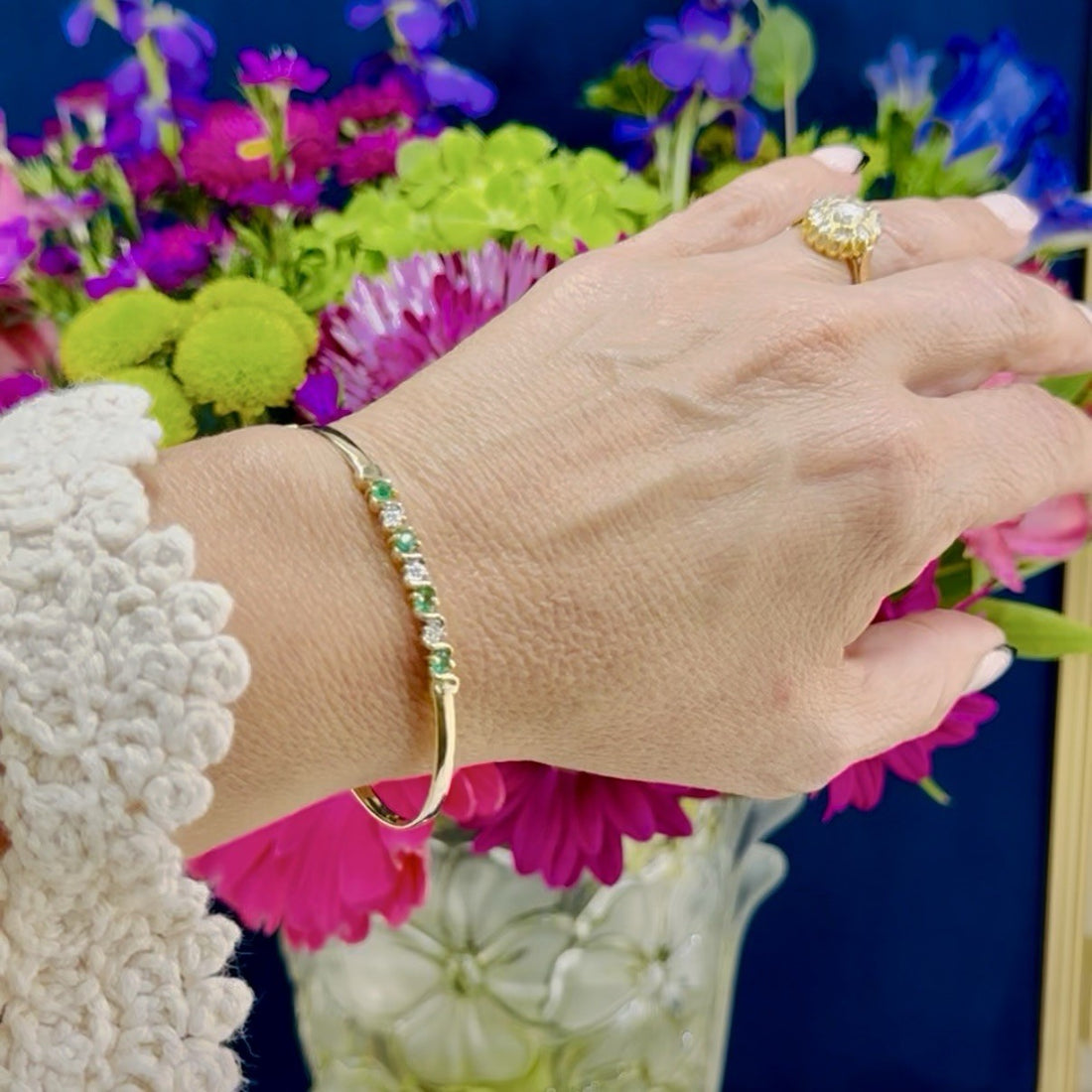 10k Yellow Gold Genuine Emerald & Diamond Bangle Bracelet, Preowned