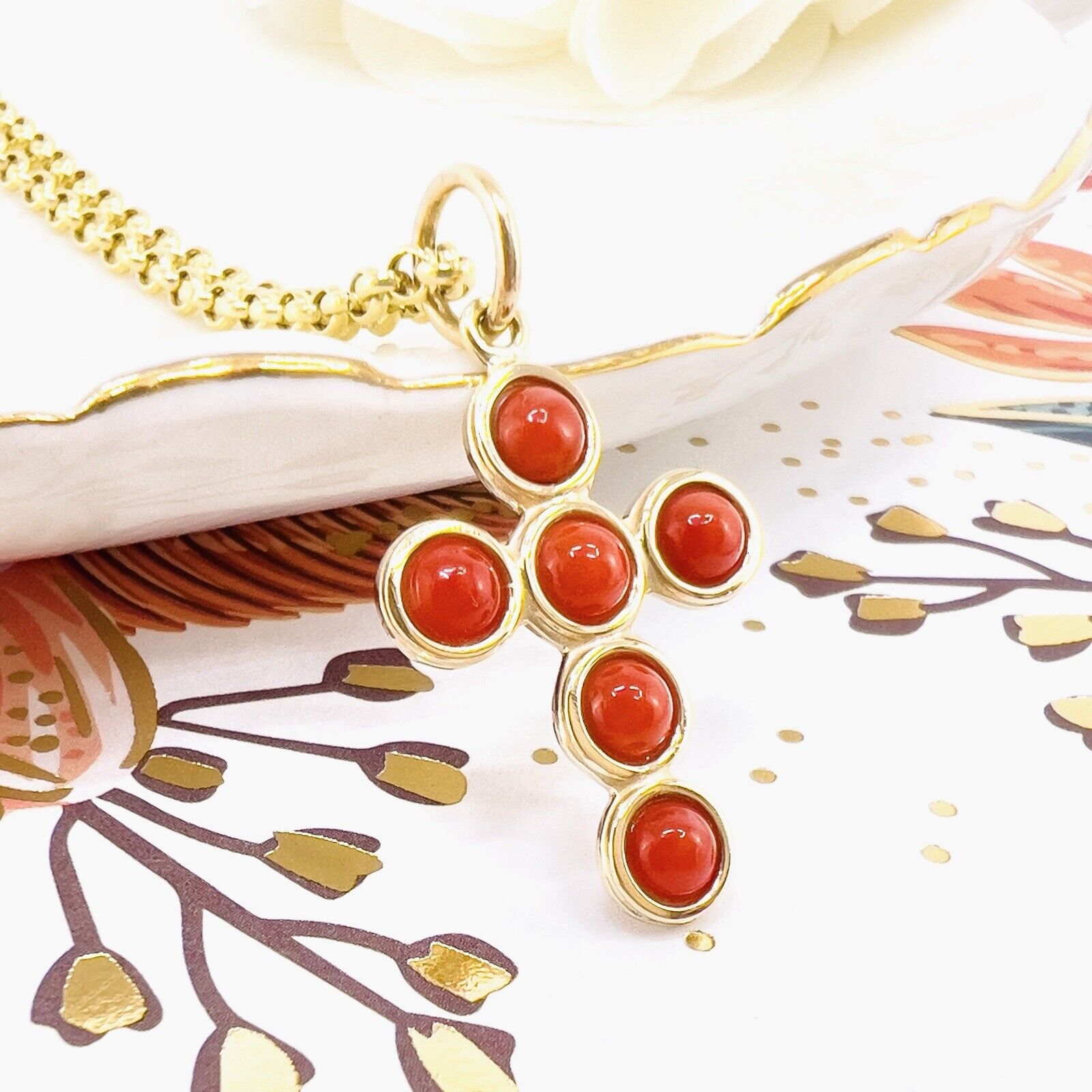 14k Yellow Gold Natural Red Coral Cross Pendant, New 1.18"