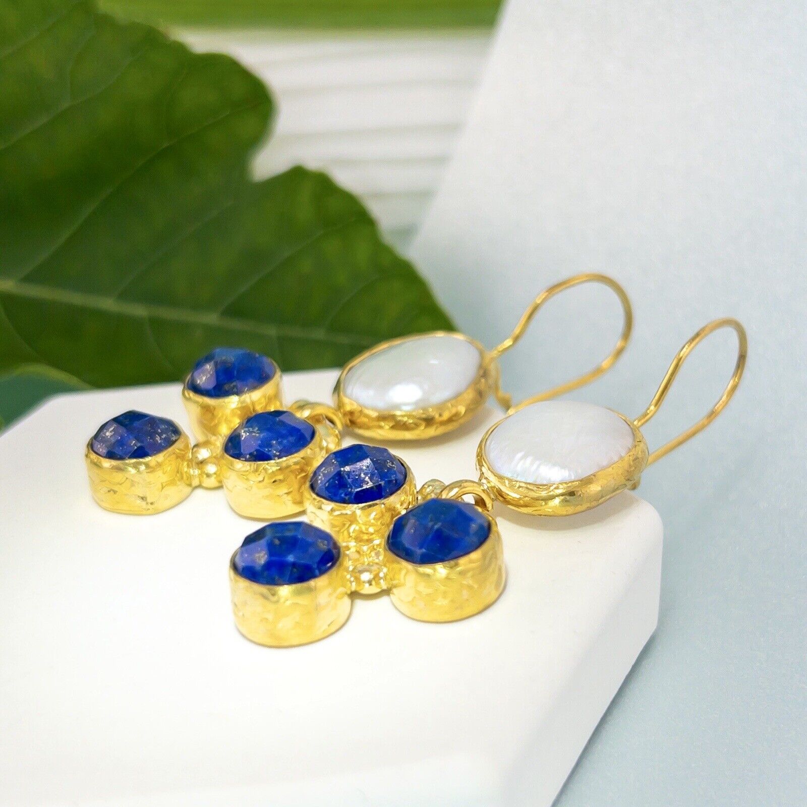 Natural Lapis Lazuli & Coin Pearl Gold Plated Dangle/Drop Earring, New 2"