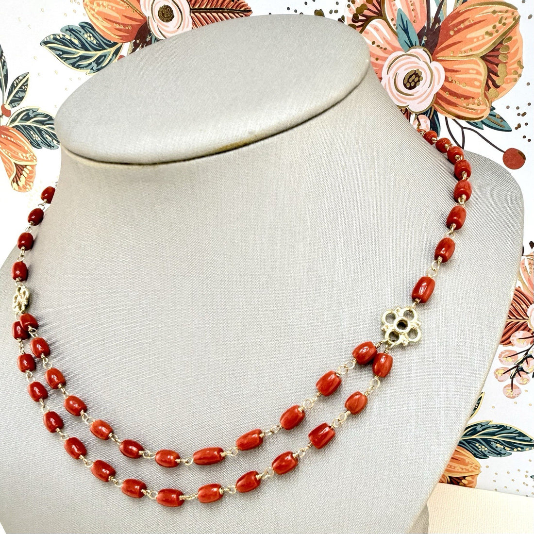 14k Yellow Gold Mediterranean Red Coral Handcrafted Necklace, 18.25-19.75"