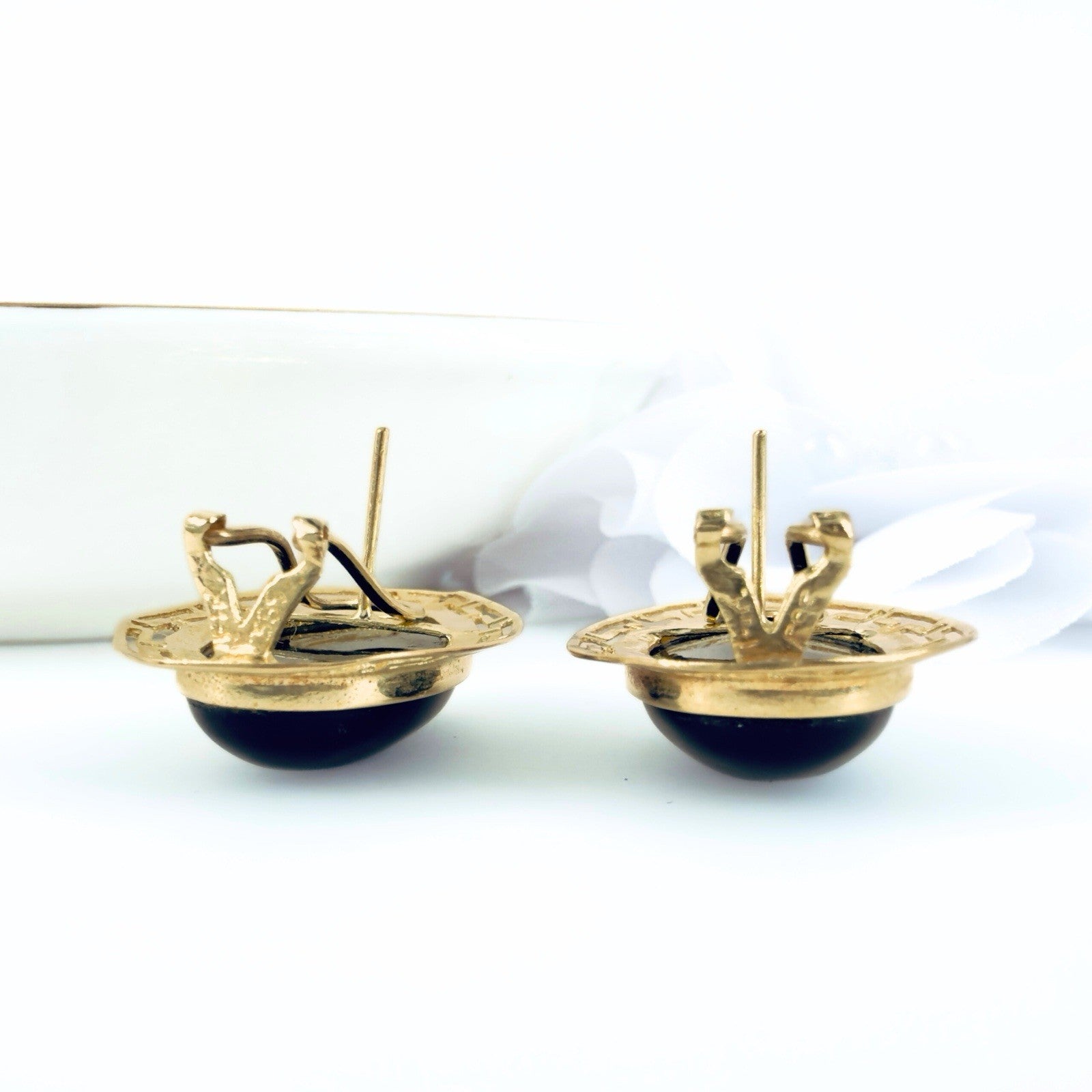 14k Yellow Gold Black Onyx Omega Back Earrings, Preowned