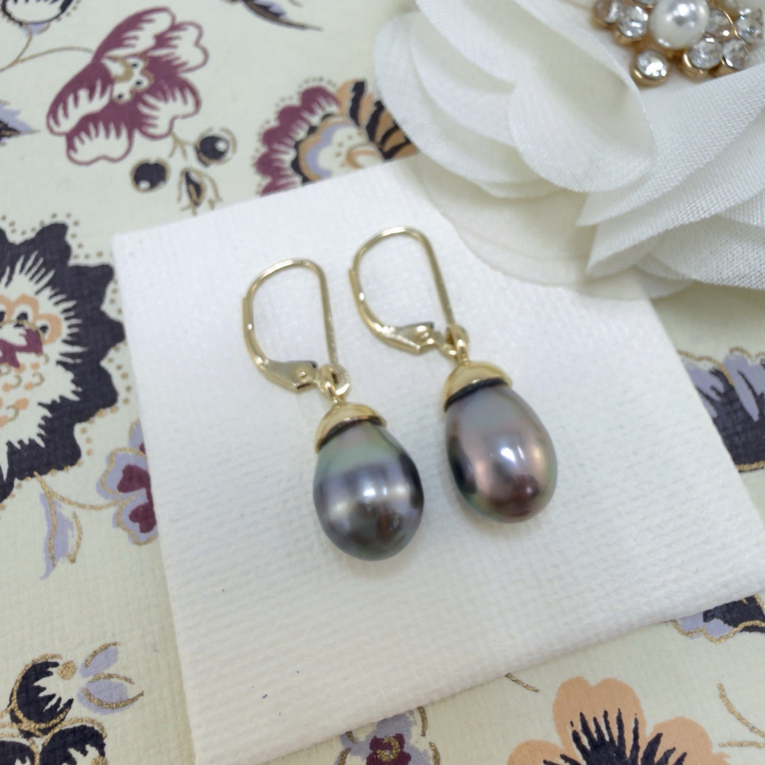 14k Yellow Gold Genuine Gray/Peacock Pearl Drop Leaverback Earrings
