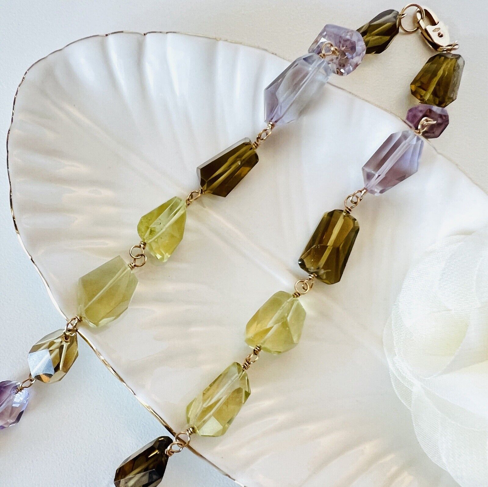 Solid 14k Yellow Gold Multi-Color Quartz Nugget Station Necklace 20" New