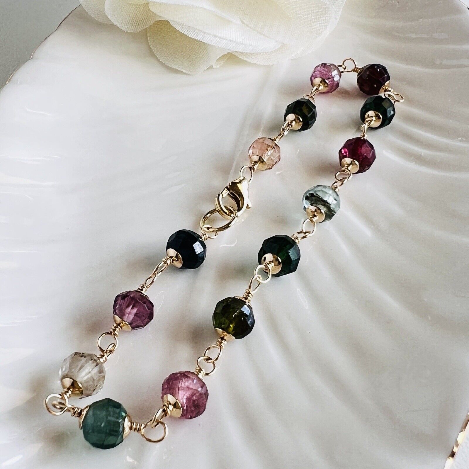 Solid 14k Yellow Gold Genuine Tourmaline Wire-Wrapped Beaded Bracelet, New 7.75”