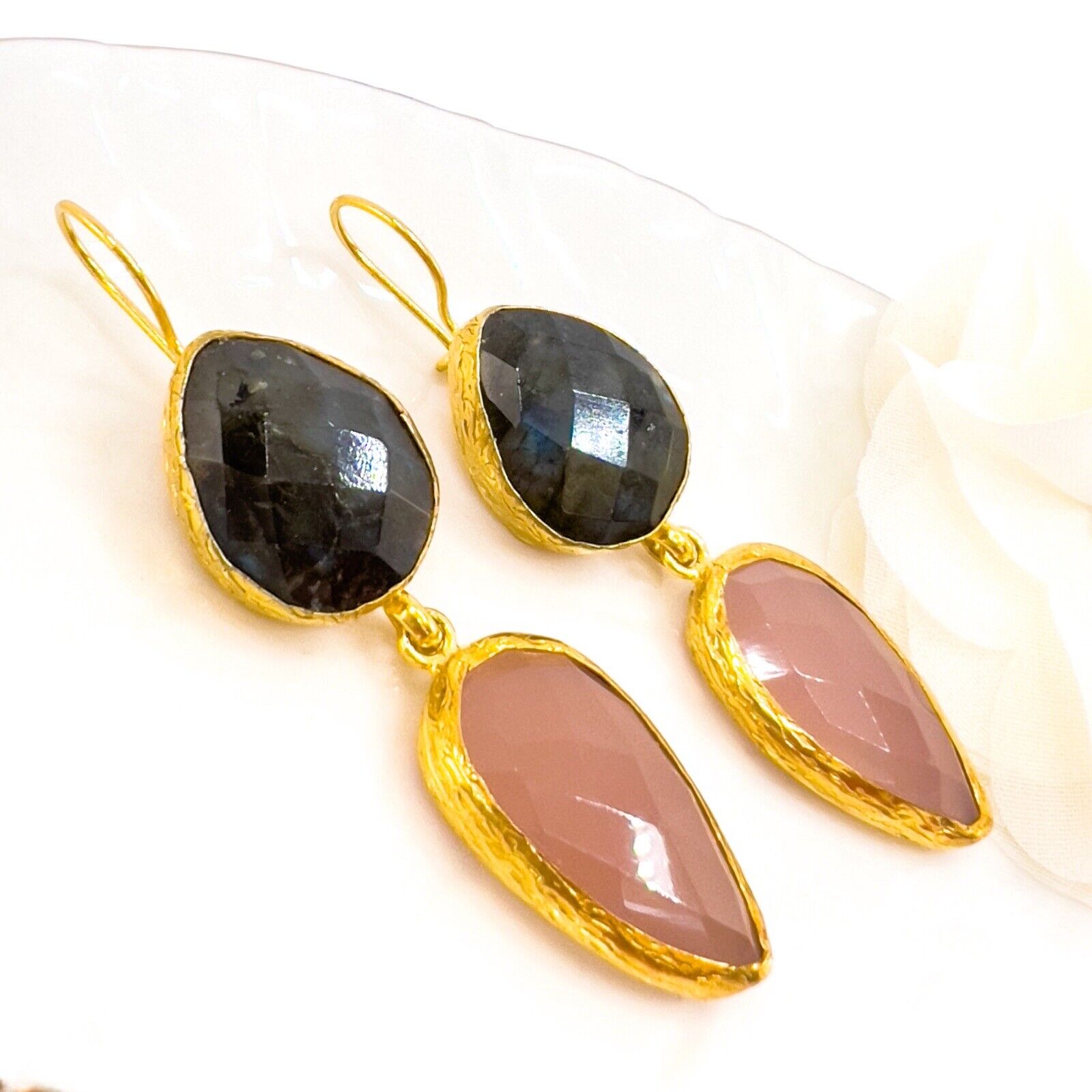 Etruscan Revival Labradorite & Rose Chalcedony Earrings 22k Yellow Gold Overlay