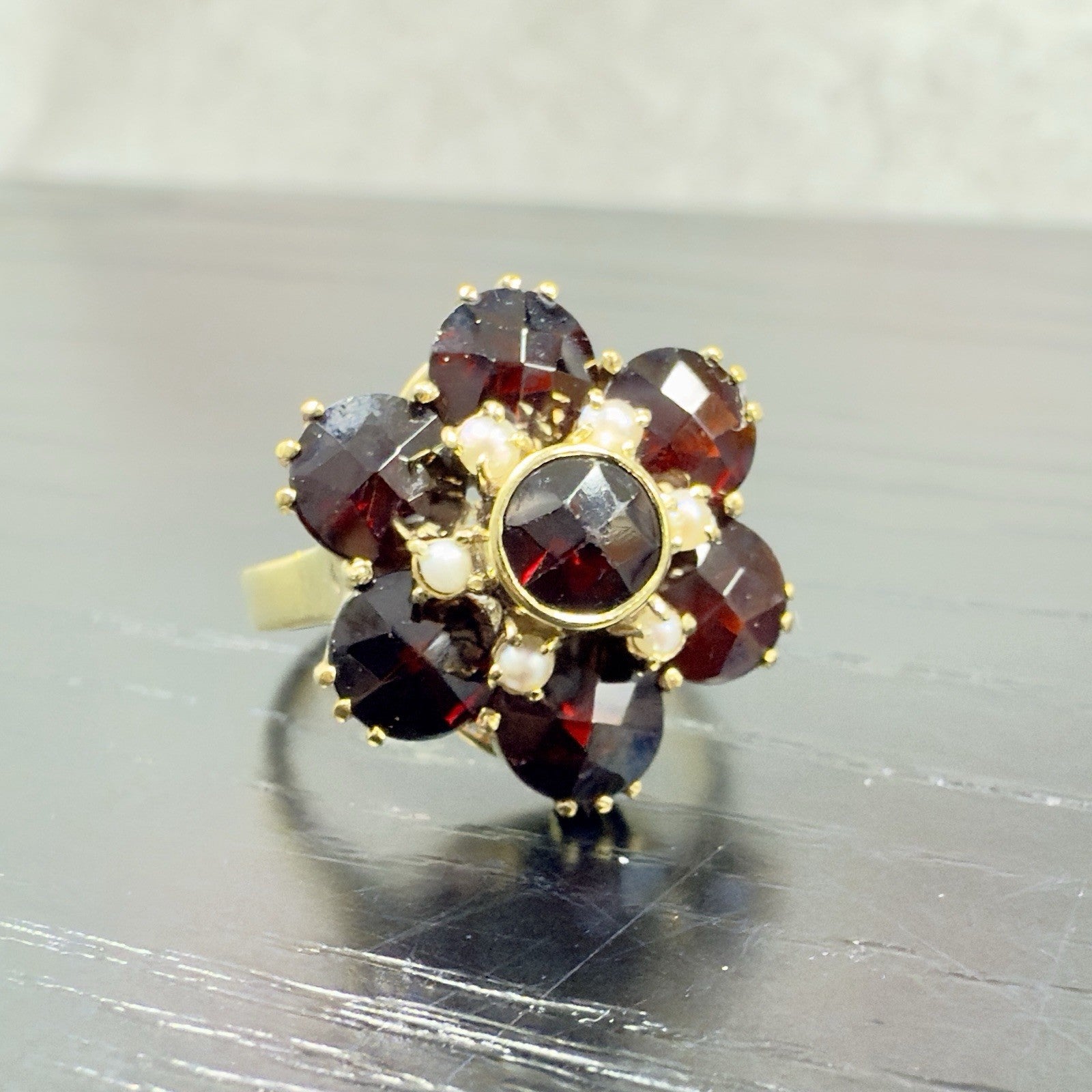 Vintage 10k Yellow Gold Genuine Garnet & Pearl Ring, Size 4