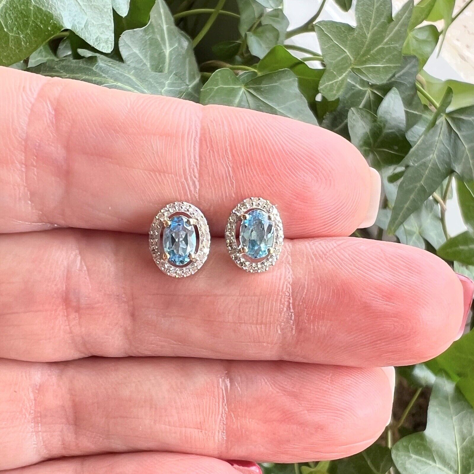 Solid 10k Yellow Gold Genuine Blue Topaz & Diamond Halo Oval Stud Earrings, New