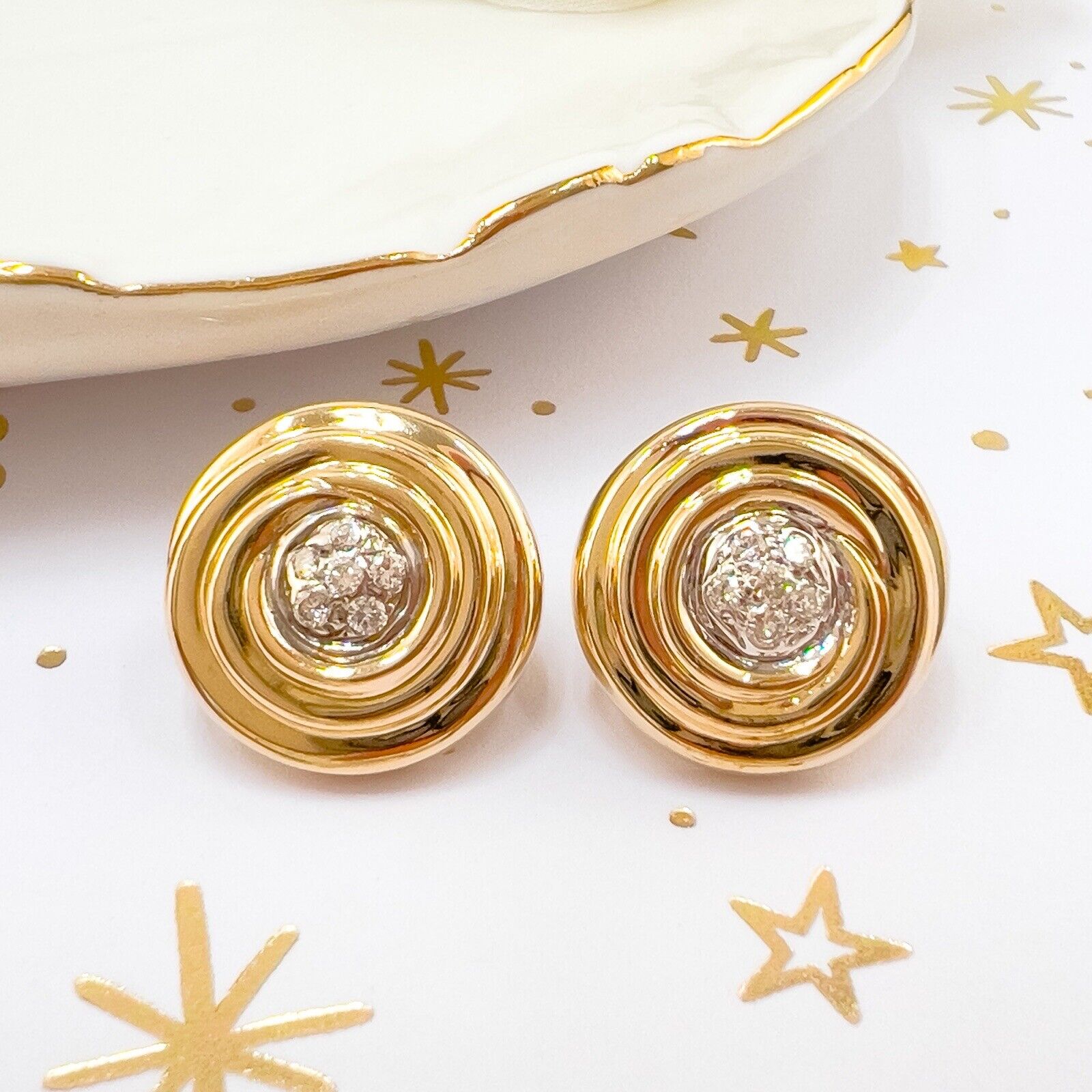 14k Yellow Gold Diamond Swirl "Button" Post & Omega Clip Earrings