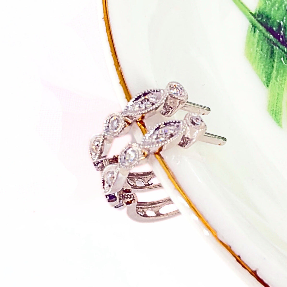 14k White Gold Genuine Diamond Huggie Hoop Earrings, New