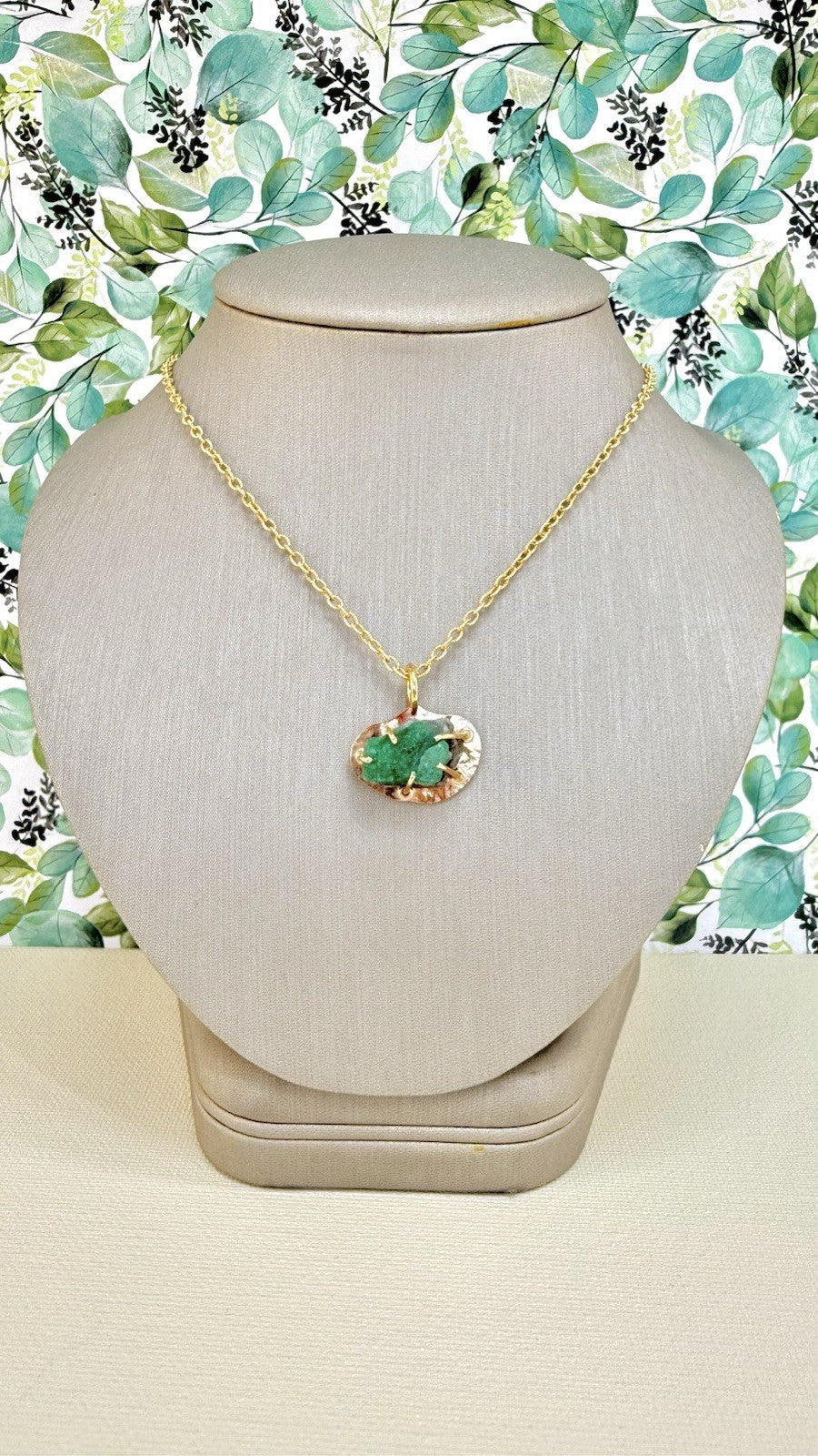 14k Yellow Gold Genuine Emerald Rough Freeform Modernist Pendant, New, Unisex