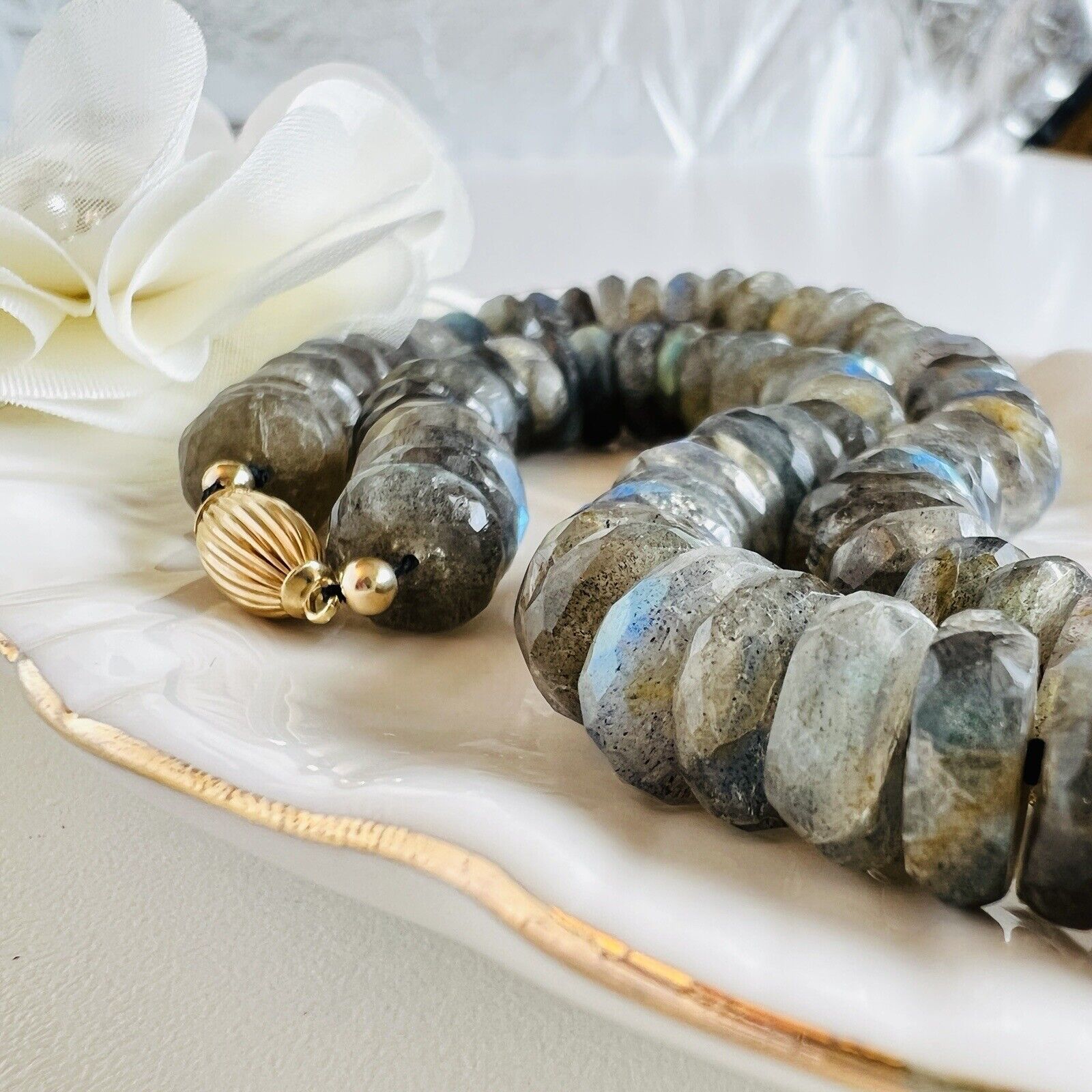 Genuine Labradorite (352cts) 14k Strand/String Beaded Necklace, New 18.5"