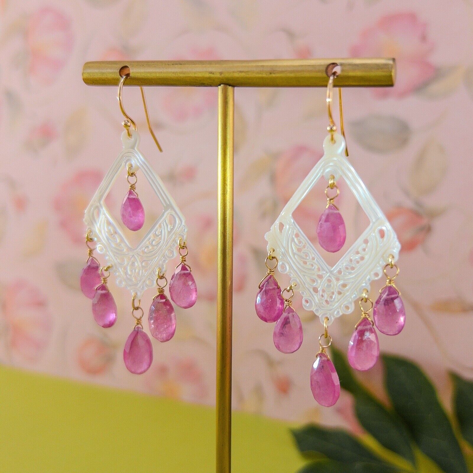 Solid 14k Yellow Gold Pink Sapphire & Mother of Pearl Chandelier Dangle Earrings
