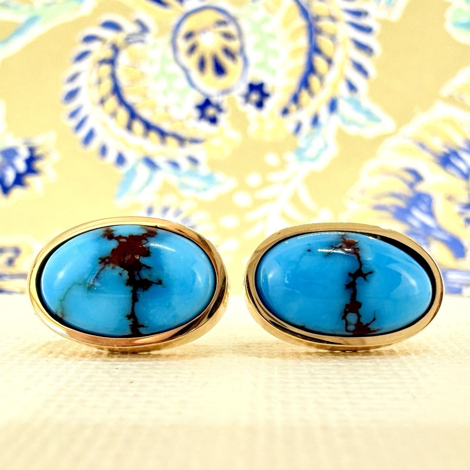 14k Yellow Gold Egyptian Turquoise Custom Made Stud Earrings, New Pair #1