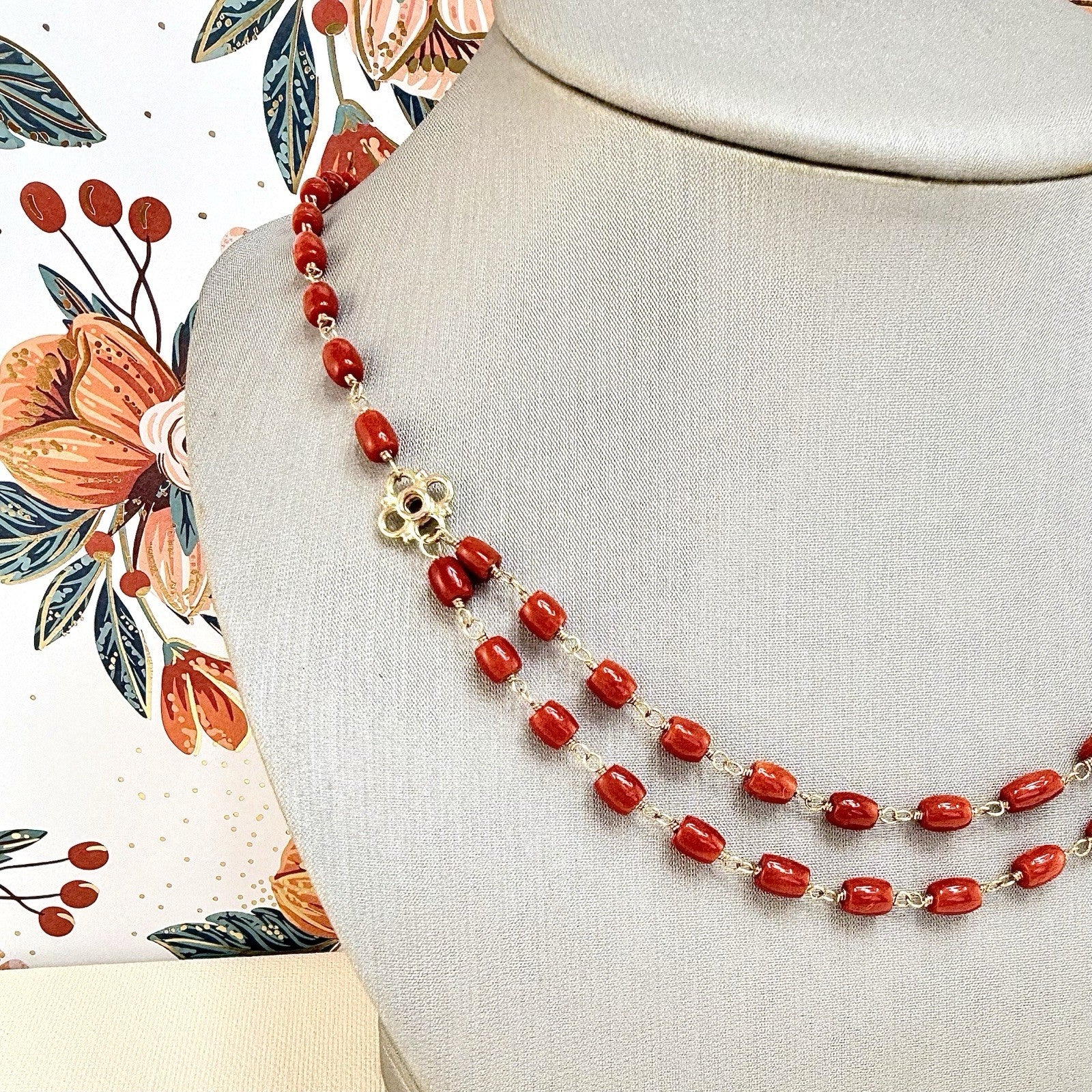 14k Yellow Gold Mediterranean Red Coral Handcrafted Necklace, 18.25-19.75"