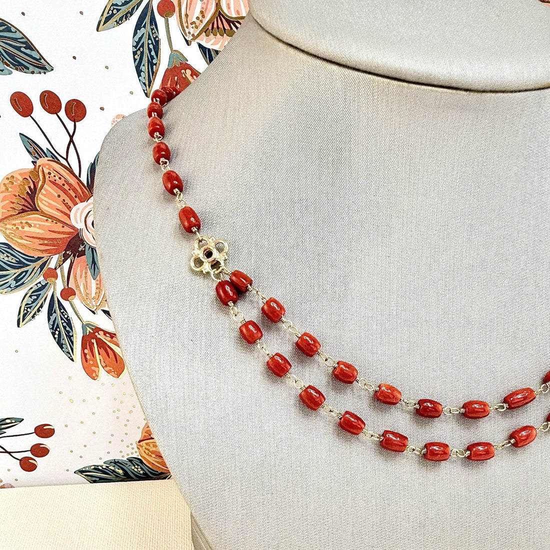 14k Yellow Gold Mediterranean Red Coral Handcrafted Necklace, 18.25-19.75"