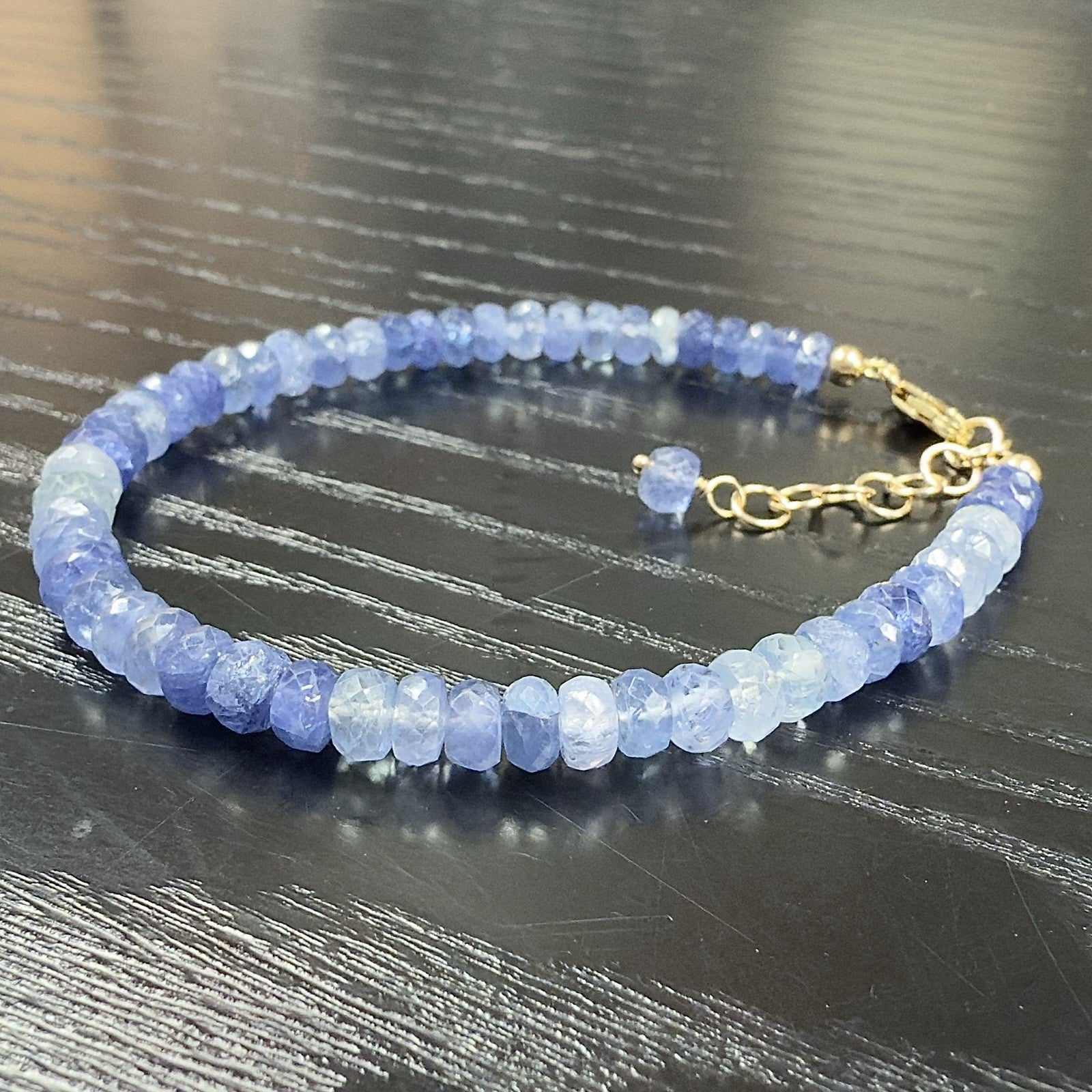 14k Yellow Gold Multitone Blue Sapphire Bracelet, Adjustable 6.75-7.75", New