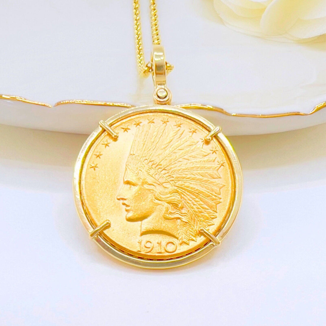 Genuine 1910 US Indian Head 10 Dollar Eagle Gold Coin With 14k Pendant Frame