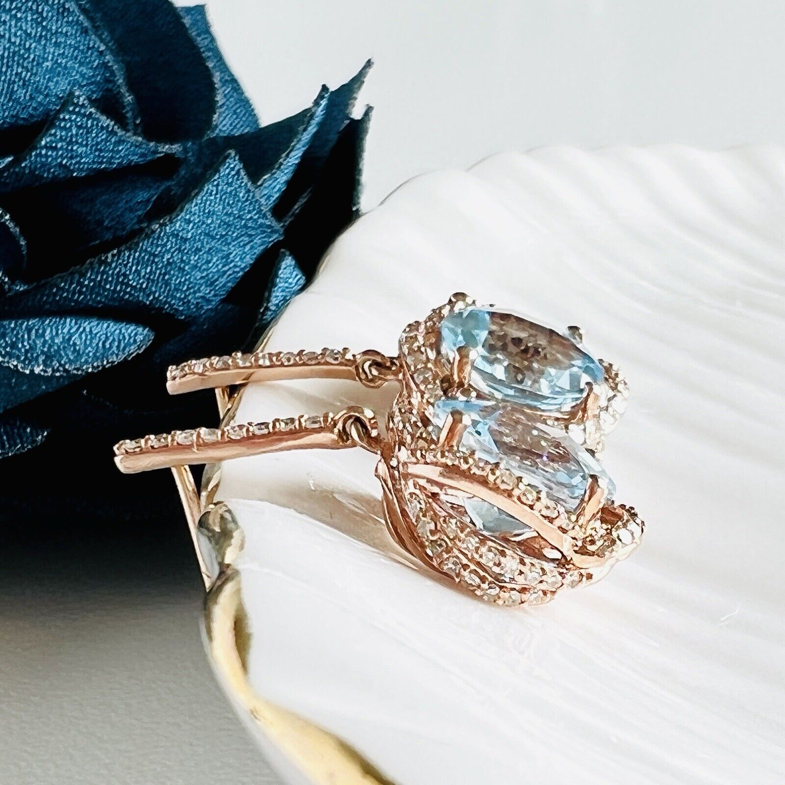 Solid 10k Rose Gold Genuine Blue Topaz (4.40ct) Diamond Dangle/Drop Earrings/New