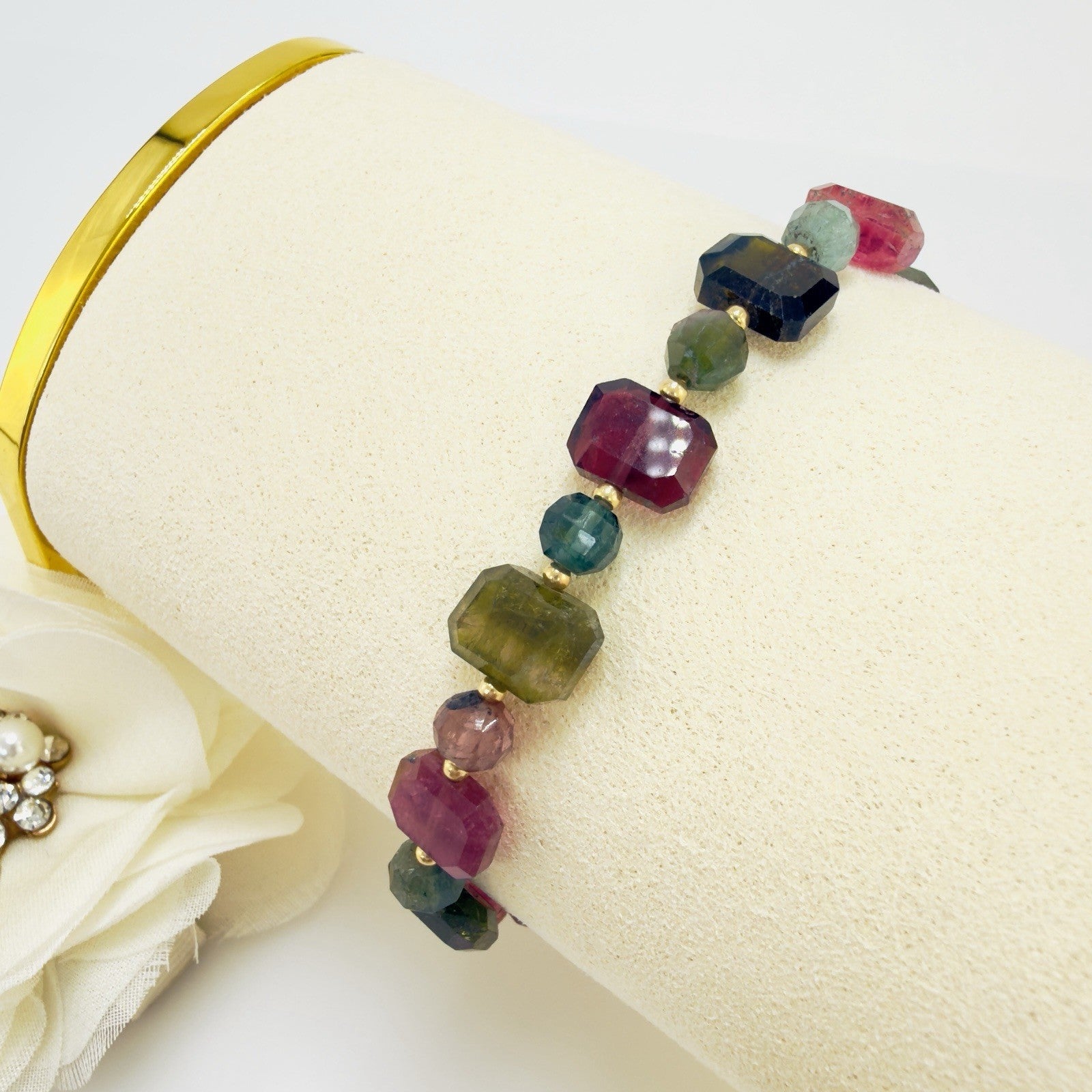 14k Yellow Gold Genuine Multi-Color Tourmaline Bracelet, 6.5-7"