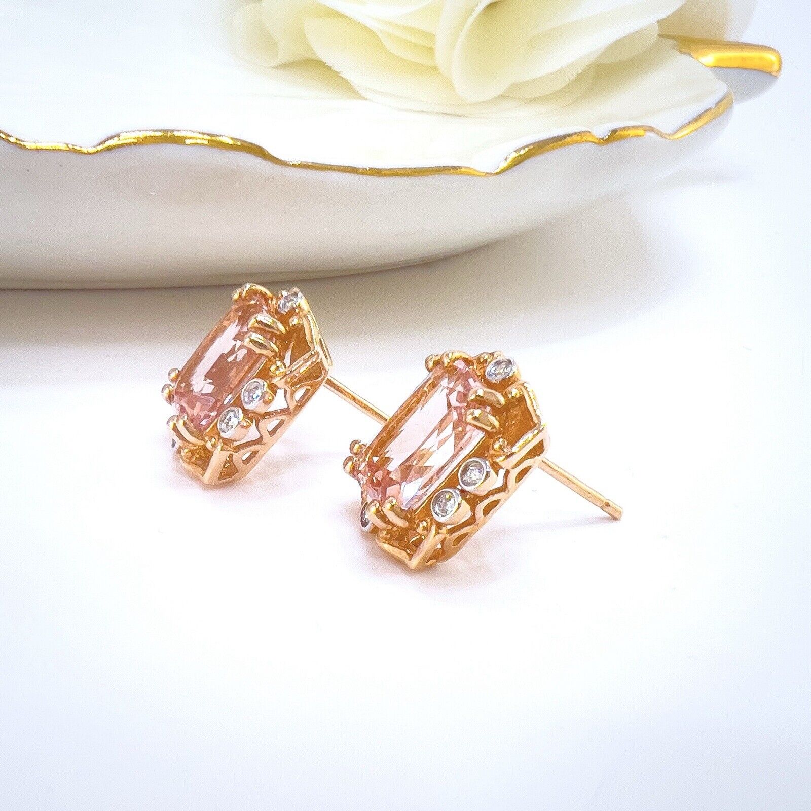 Vintage Style 14k Rose Gold Genuine Morganite & Diamond Stud Earrings, New