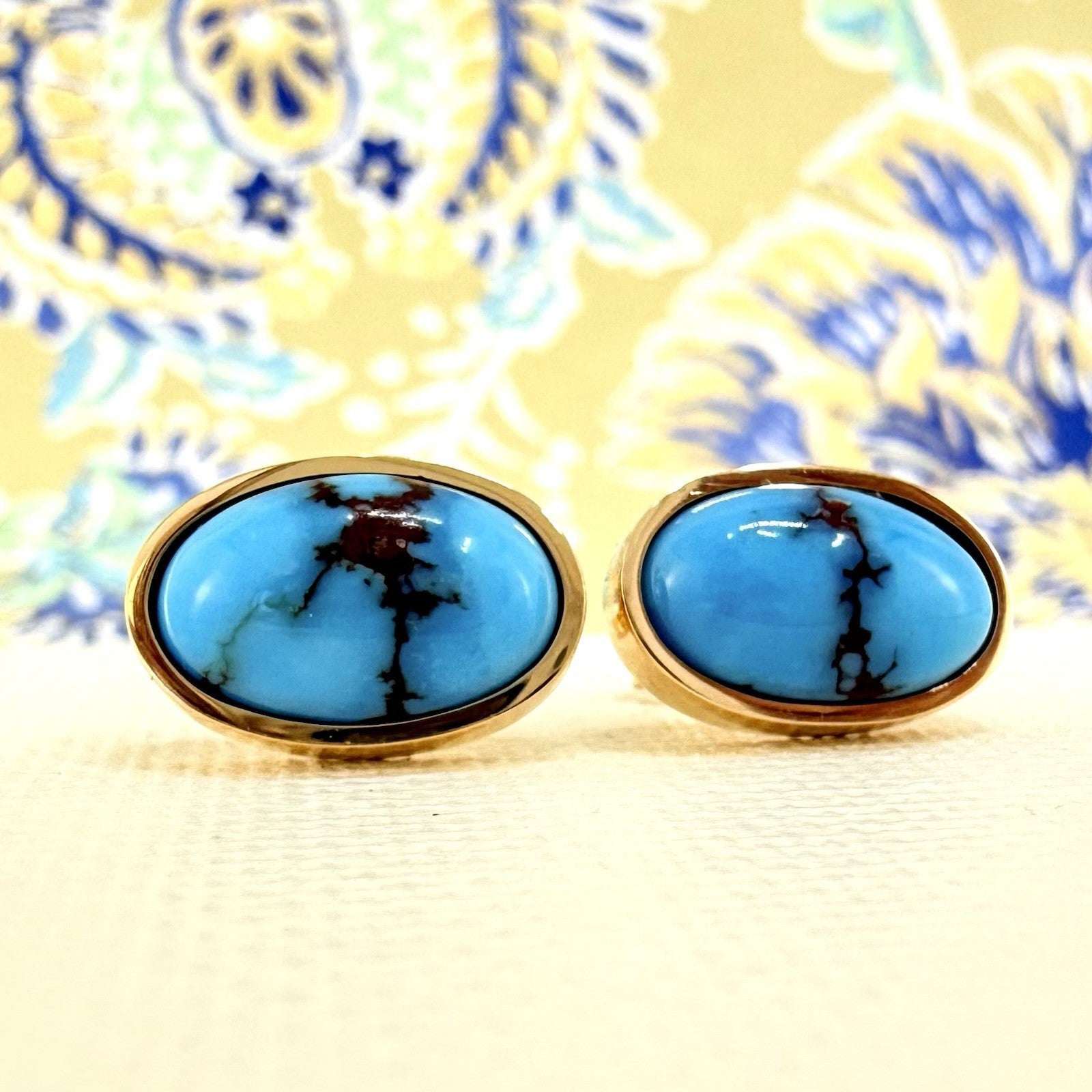 14k Yellow Gold Egyptian Turquoise Custom Made Stud Earrings, New Pair #1