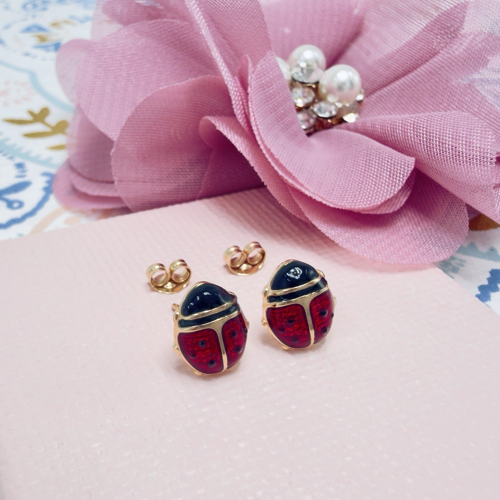 14k Yellow Gold Ladybug Enamel-Work Stud Earrings, New