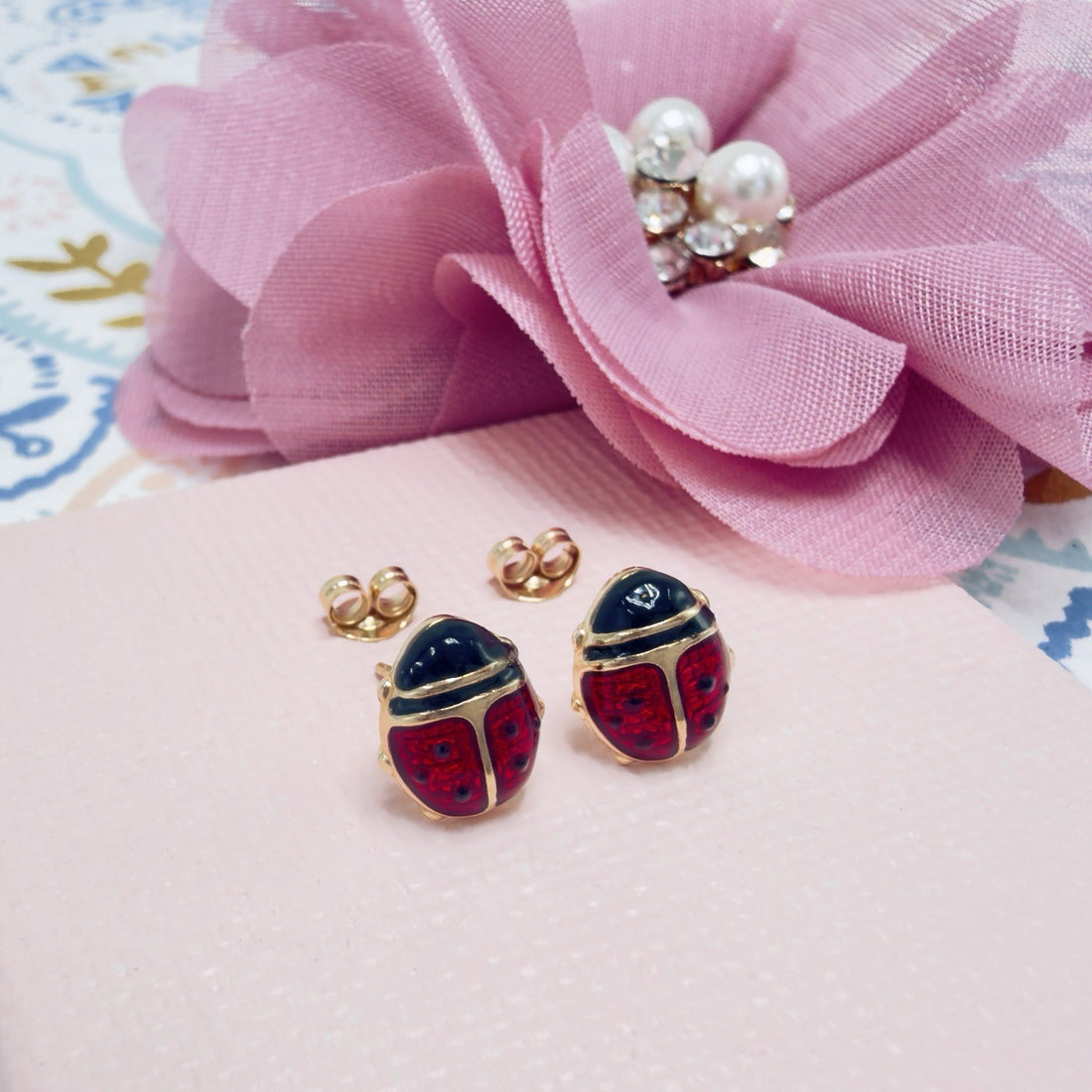 14k Yellow Gold Ladybug Enamel-Work Stud Earrings, New
