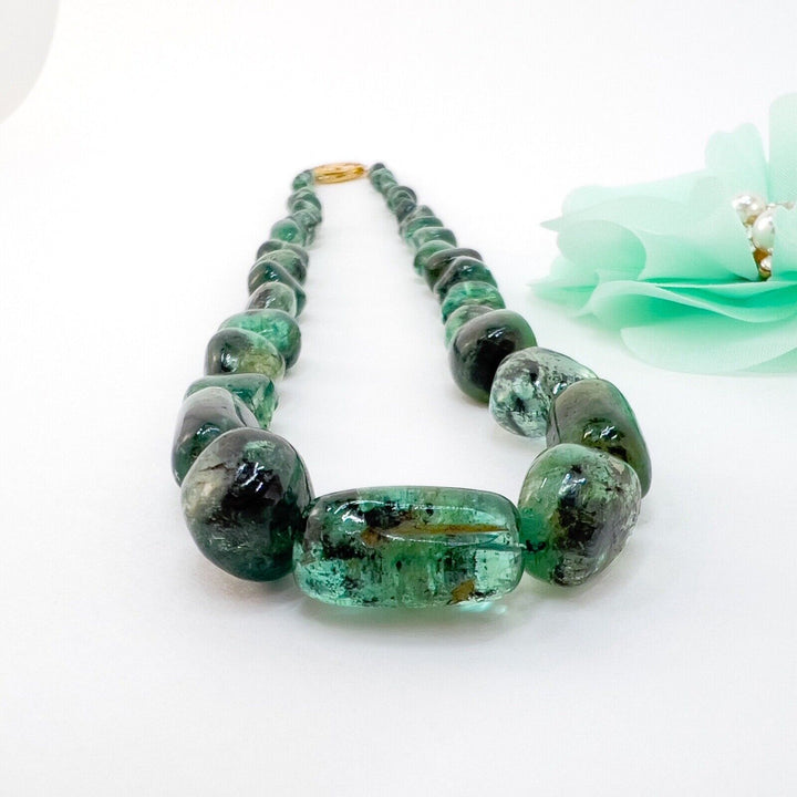 Genuine Emerald (170ct) 14k Yellow Gold Beaded Necklace, New 17.5"