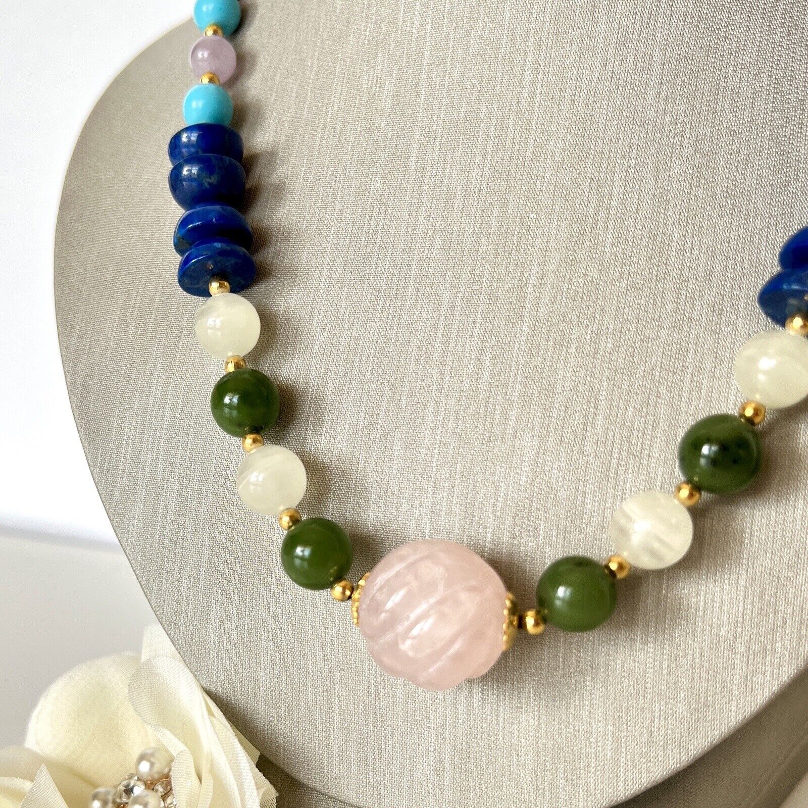 Natural Coral, Amethyst, Jade, Howlite, Serpentine & Quartz Beaded Necklace, New