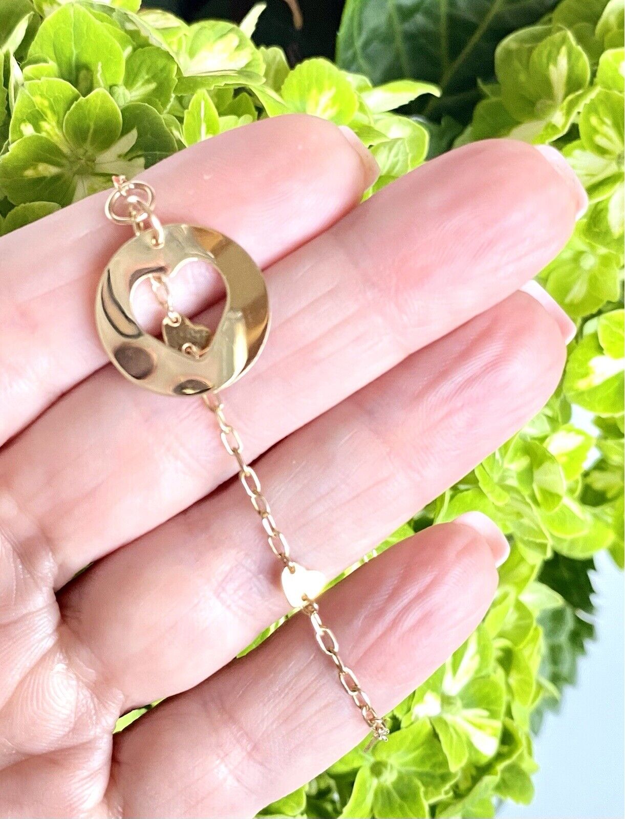 Solid 14K Yellow Gold Heart Charm Bracelet, New, Adjustable 7.25-8"