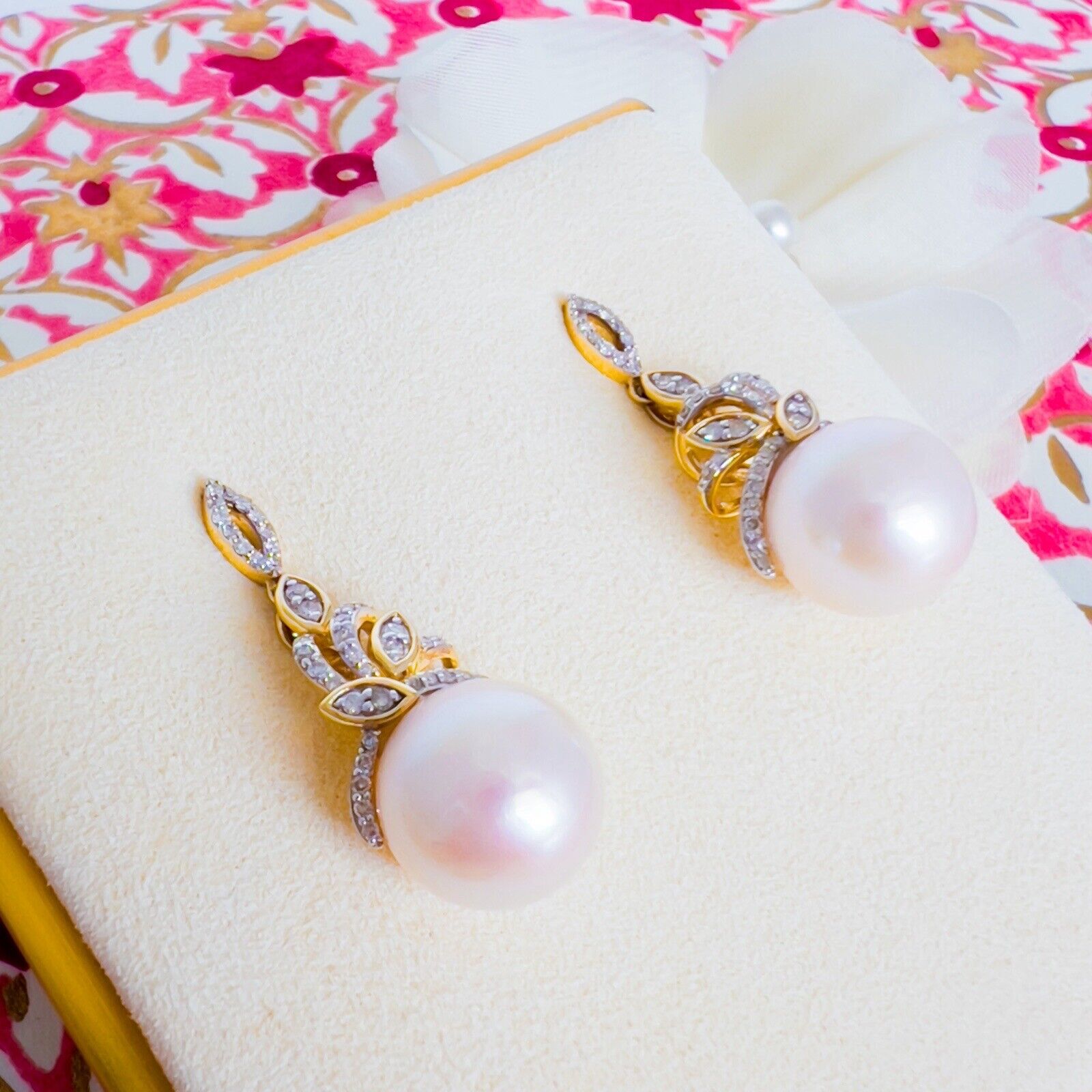 Genuine White Pearl (11.25mm) & Diamond 14k Yellow Gold Dangle Earrings, New