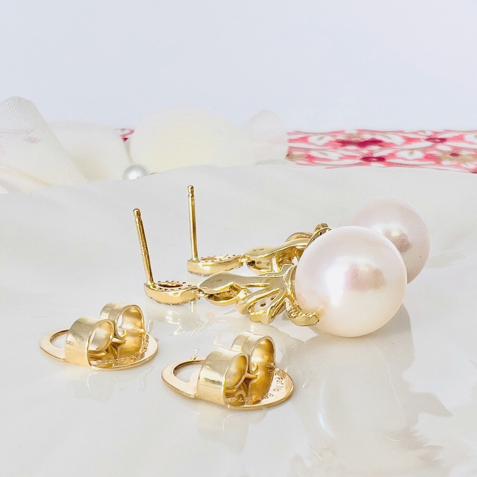 Genuine White Pearl (11.25mm) & Diamond 14k Yellow Gold Dangle Earrings, New