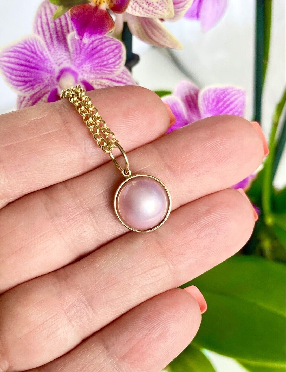 Genuine Pink Mabe Pearl (11mm) Solid 14K Yellow Gold Pendant, New