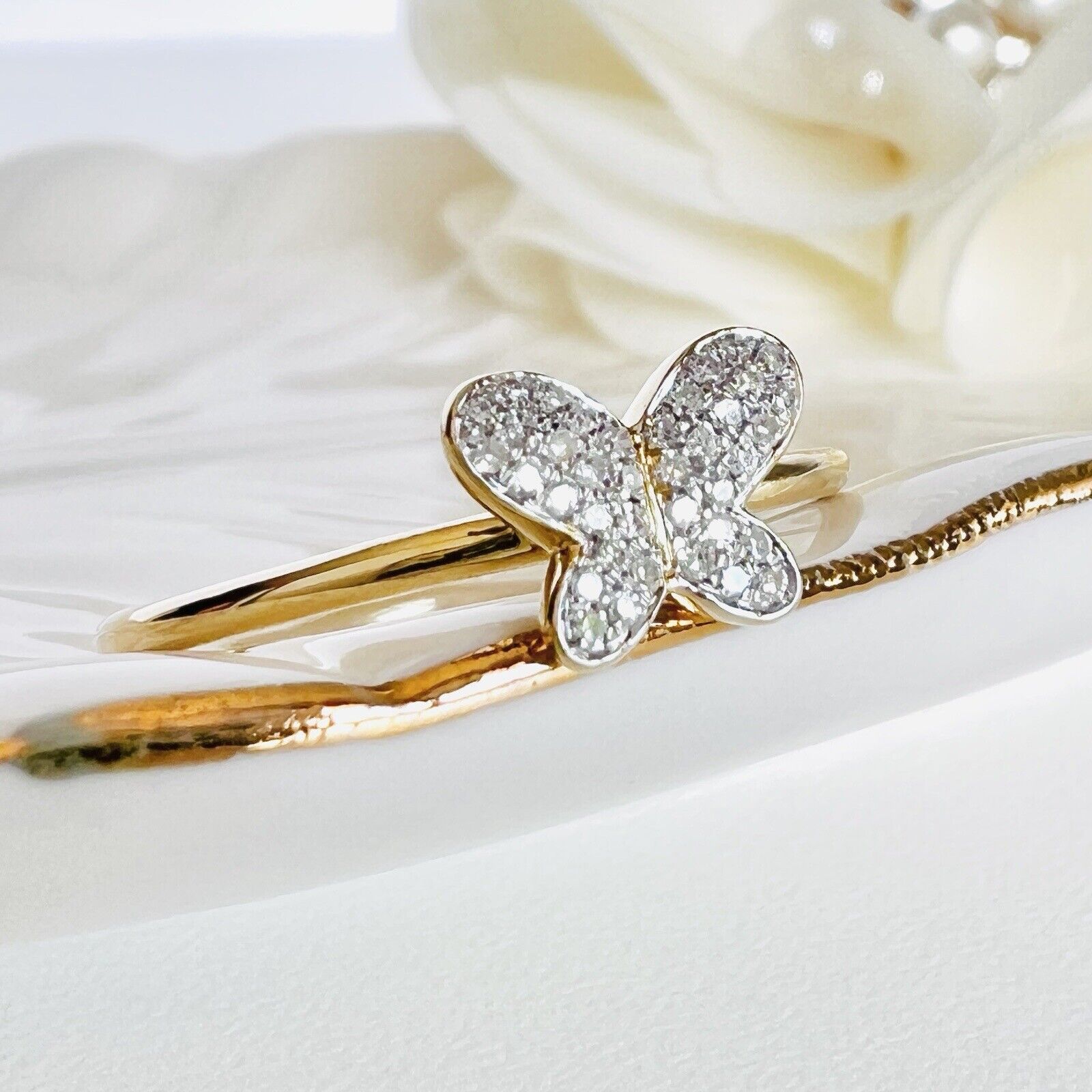 Solid 10k Yellow Gold Genuine Diamond Pave Butterfly Ring, Size 7