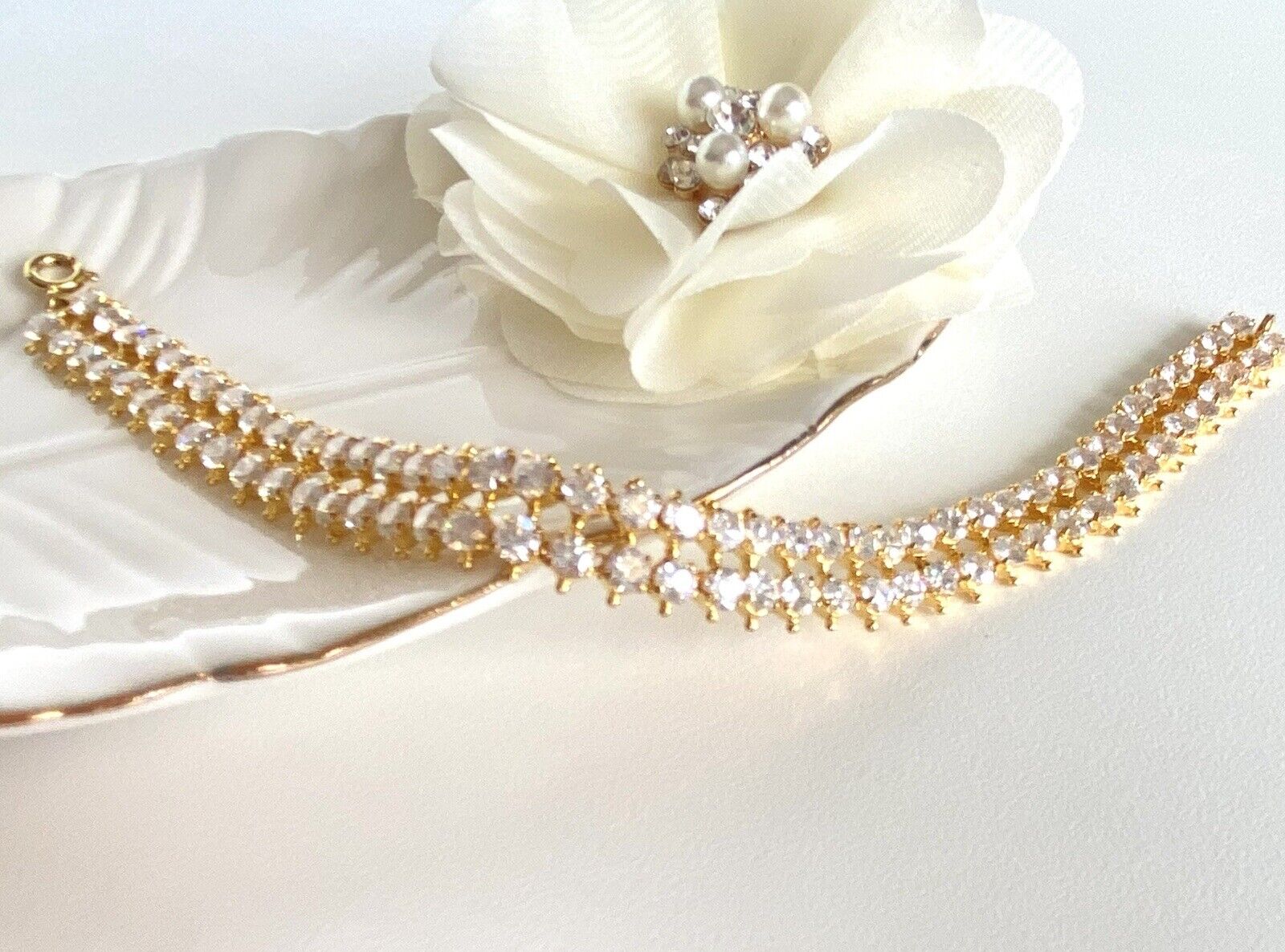 2-Row Cubic Zirconia Heavy Gold Electroplated Tennis Bracelet 7" New