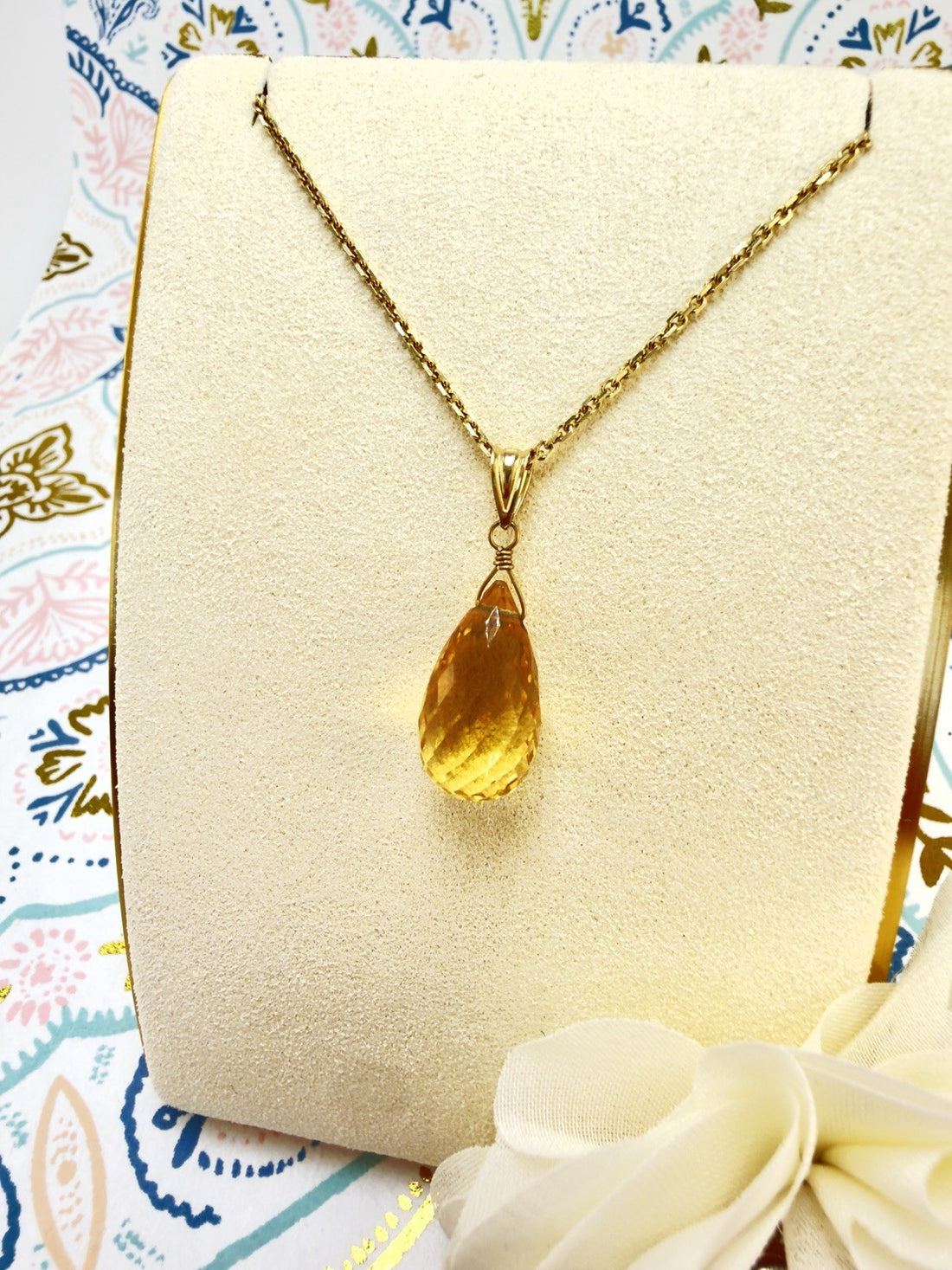 14k Yellow Gold Genuine Citrine Drop Pendant, 1" New