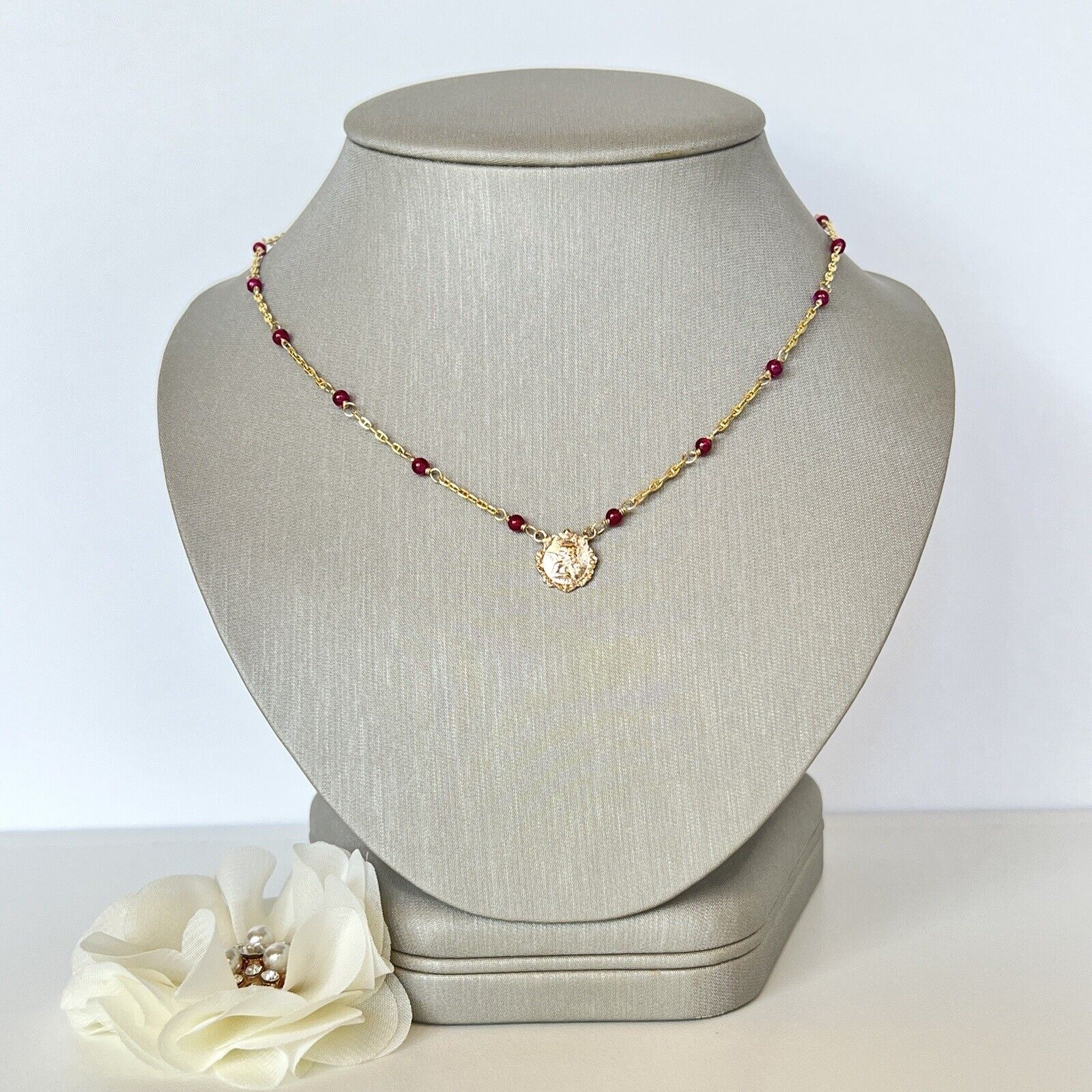 Solid 14k Yellow Gold and Lab Created Ruby (5.6ctw) Angel Necklace, New, 17.25"